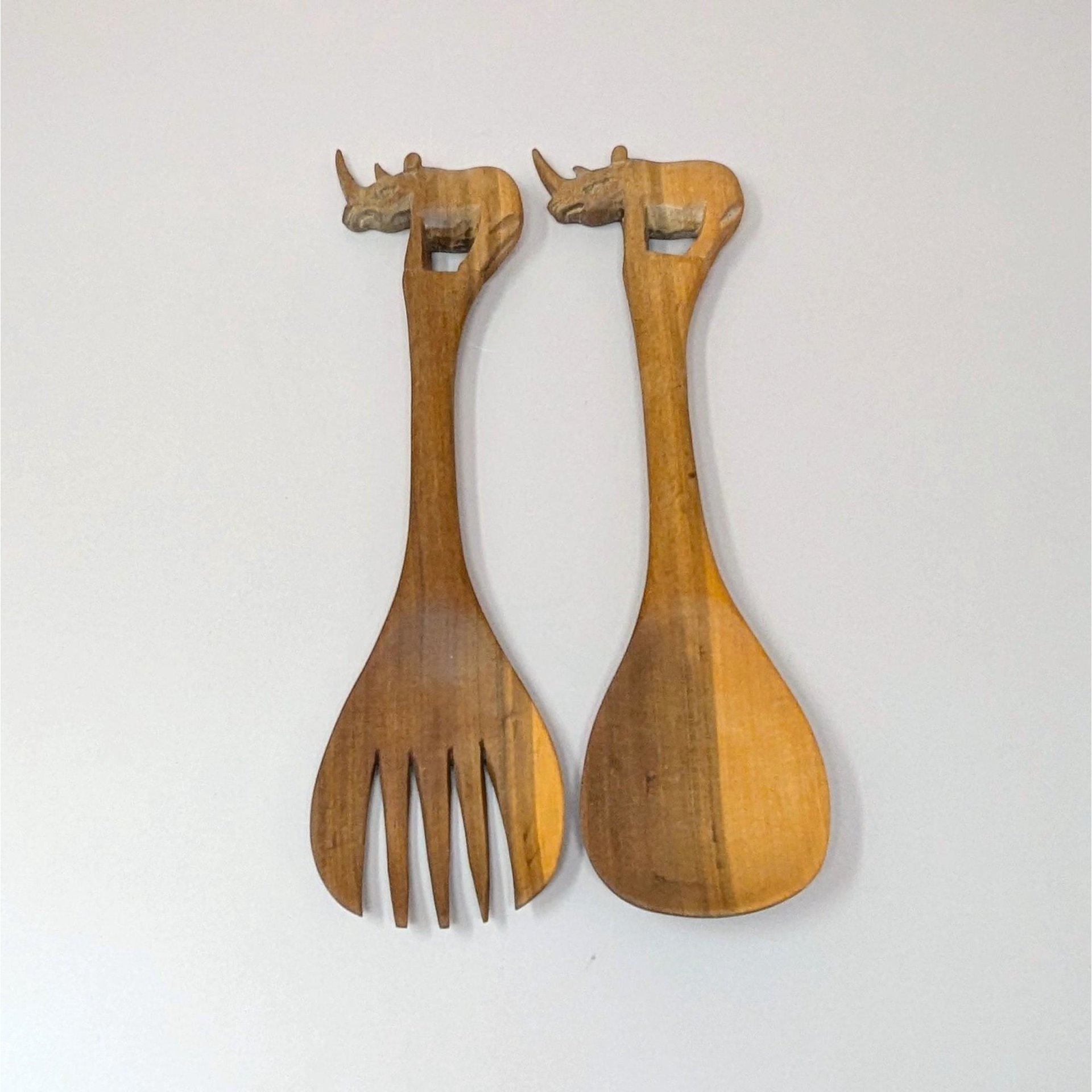 1980s Hand Carved Wood Safari Animal Bowl and Utensils Set