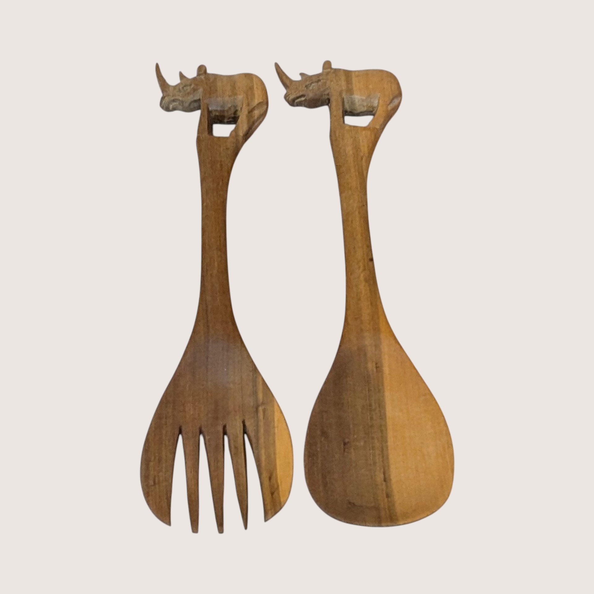 1970s Hand Carved Wooden Safari Salad Bowl and Rhino Utensils Set