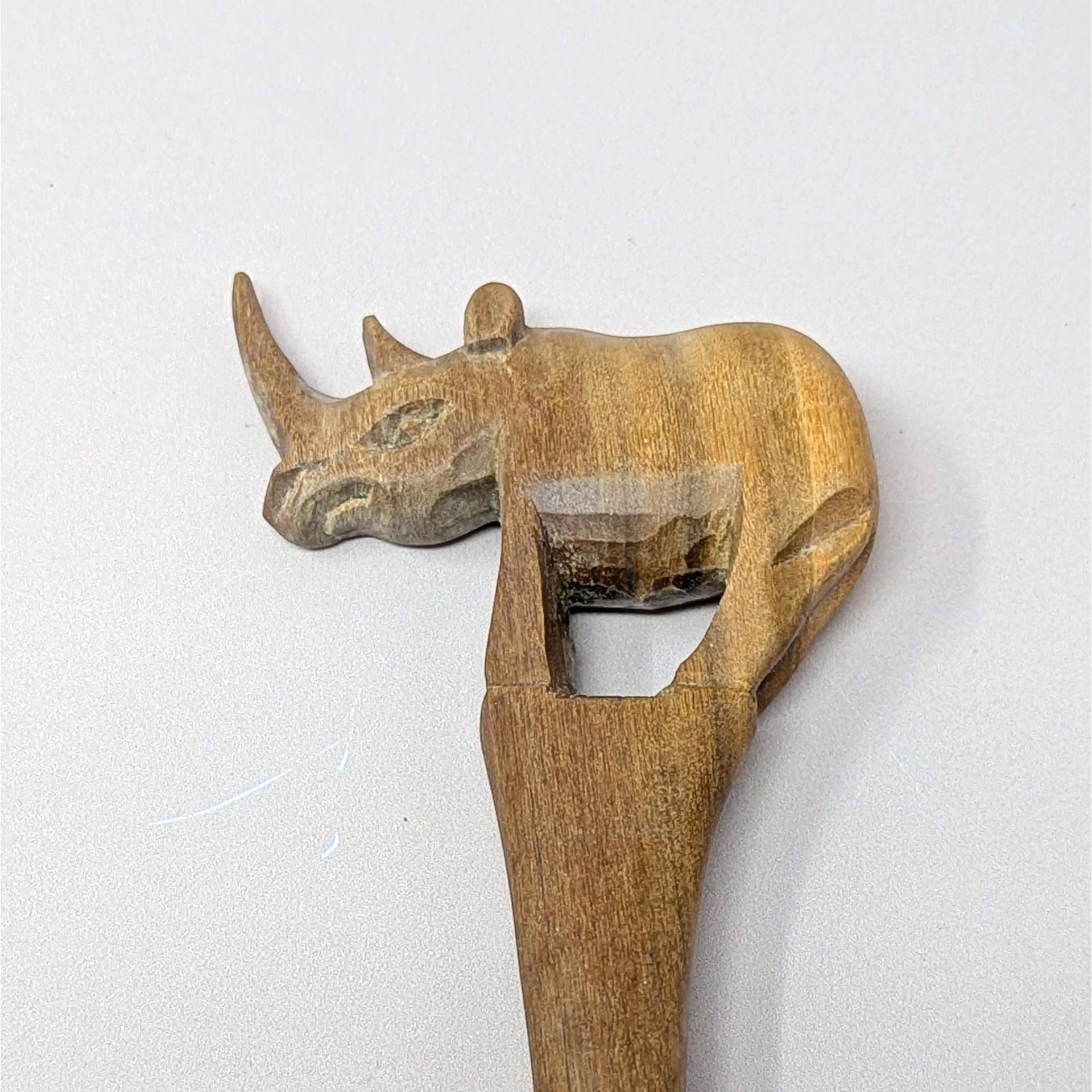 1980s Hand Carved Wood Safari Animal Bowl and Utensils Set