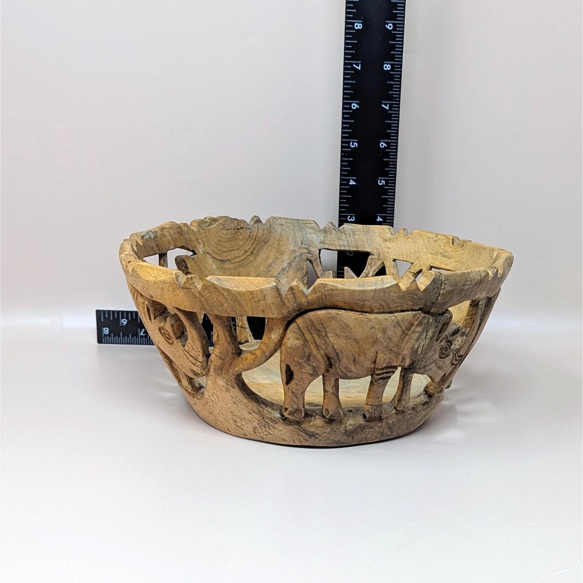 1980s Hand Carved Wood Safari Animal Bowl and Utensils Set