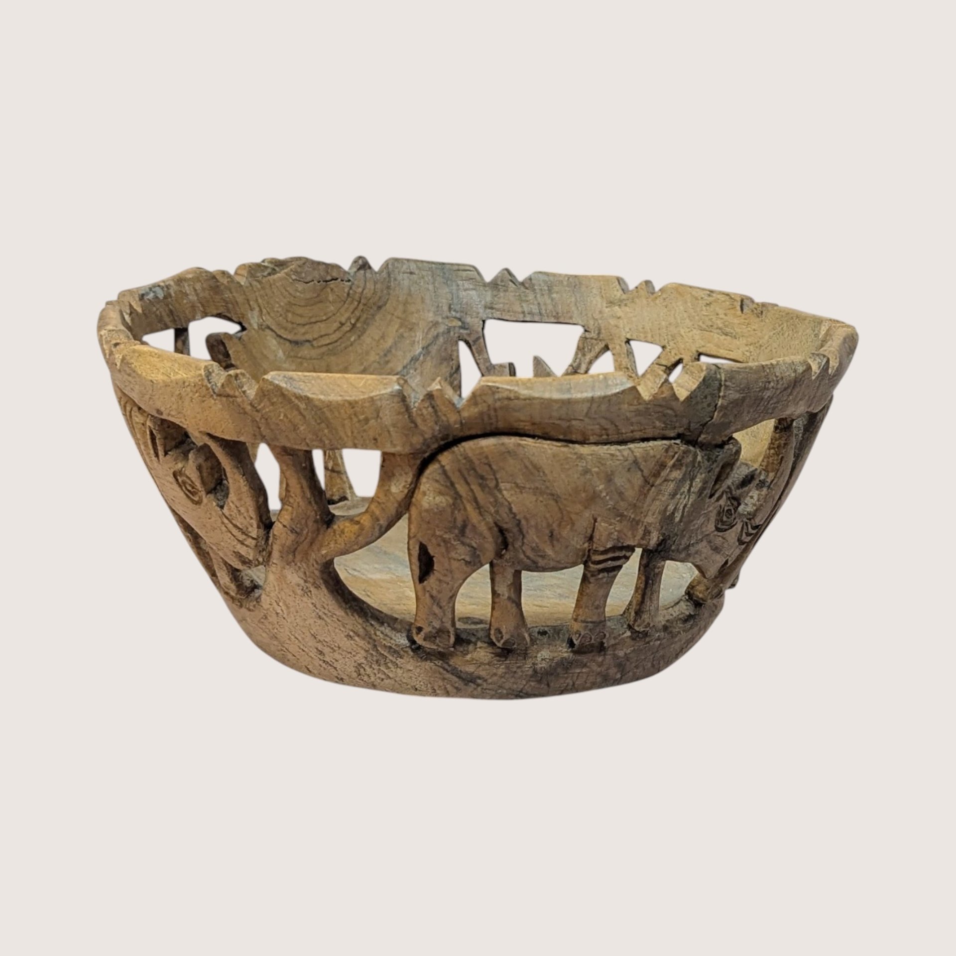 1970s Hand Carved Wooden Safari Salad Bowl and Rhino Utensils Set