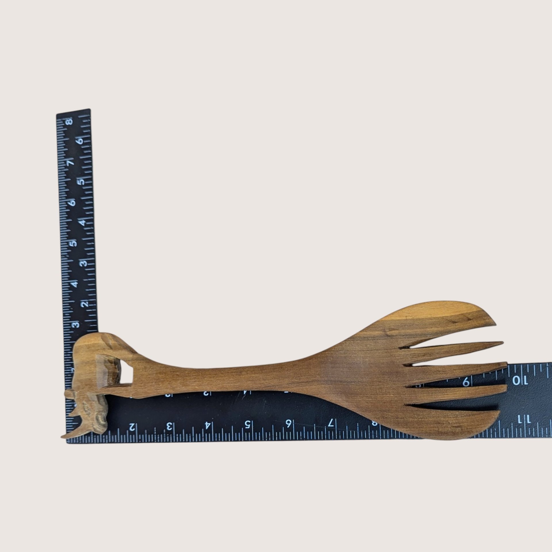 1970s Hand Carved Wooden Safari Salad Bowl and Rhino Utensils Set