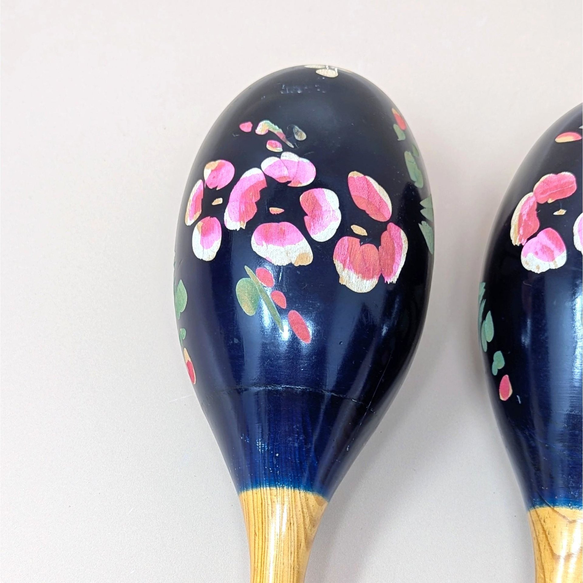 1980s Hand Painted Floral Wooden Maracas Pair