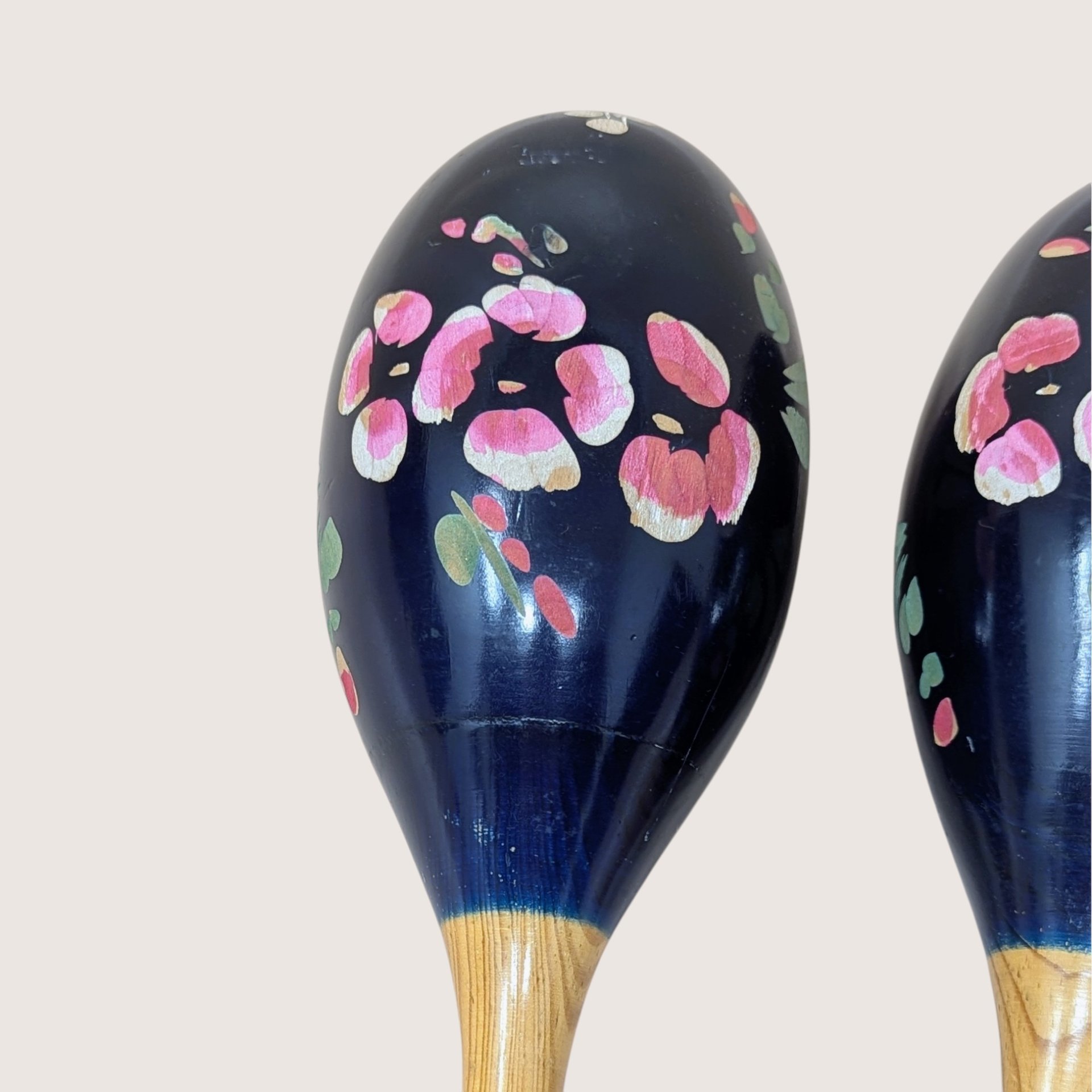 Vintage Handpainted Wood Floral Maracas Mexican Folk Art Style