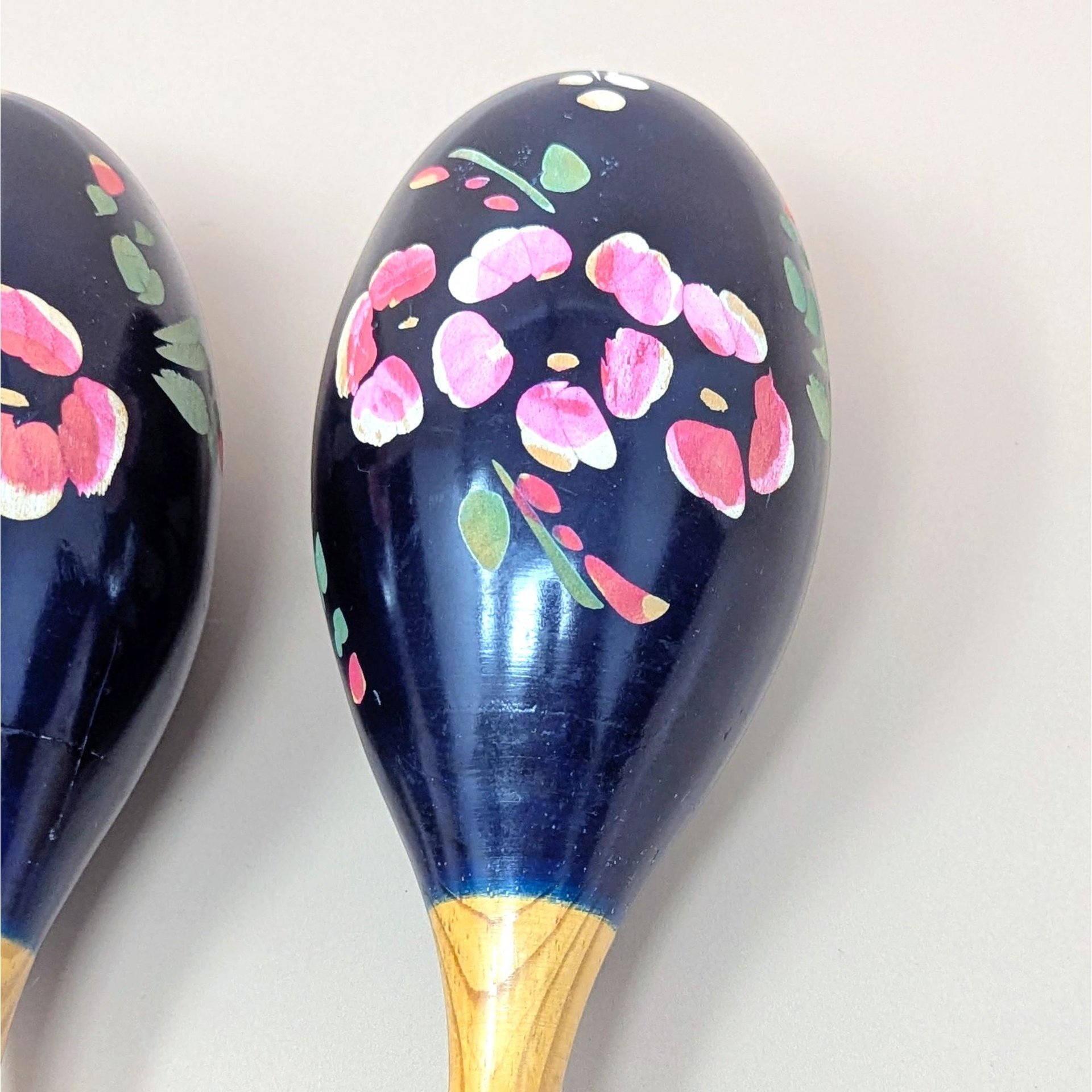 1980s Hand Painted Floral Wooden Maracas Pair