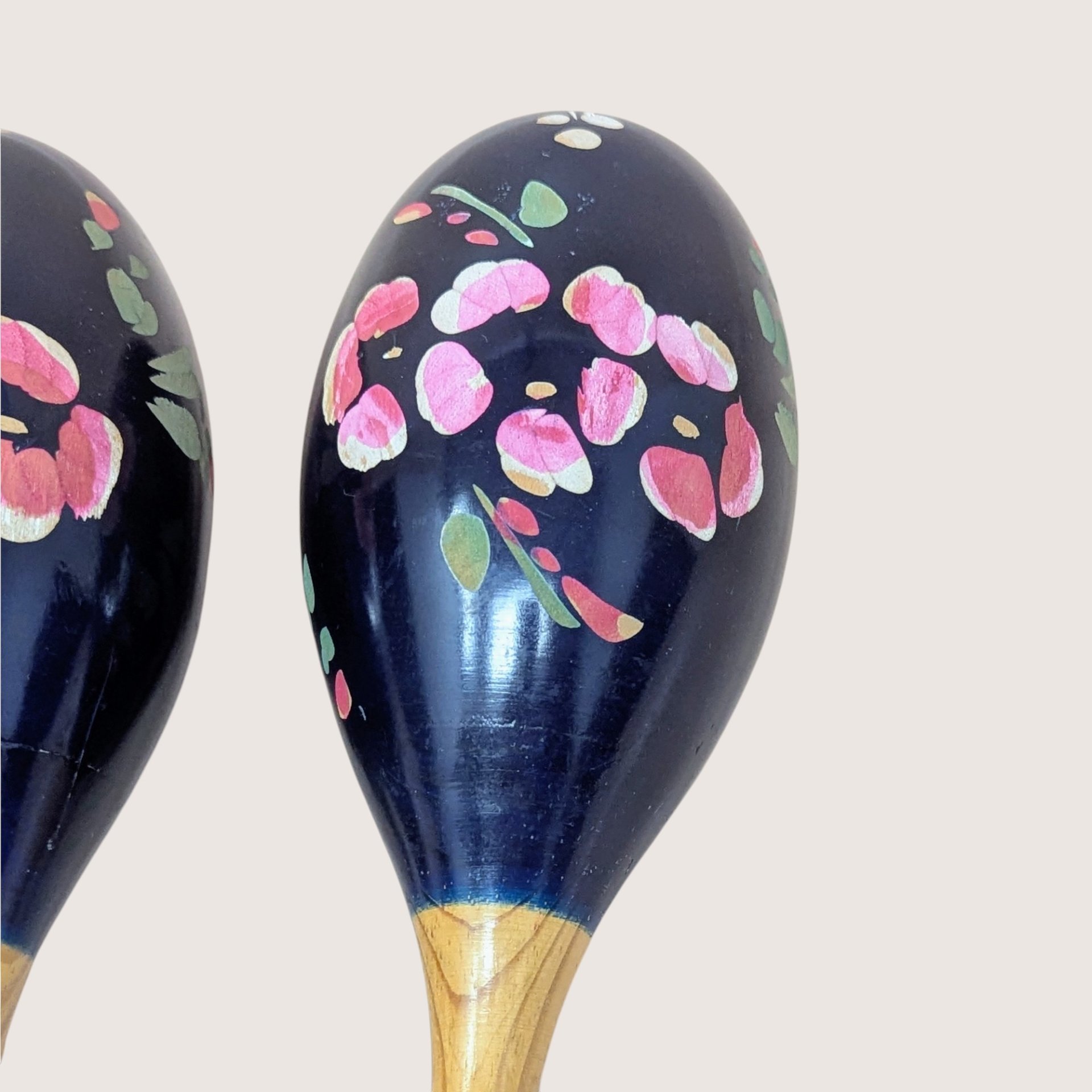 Vintage Handpainted Wood Floral Maracas Mexican Folk Art Style