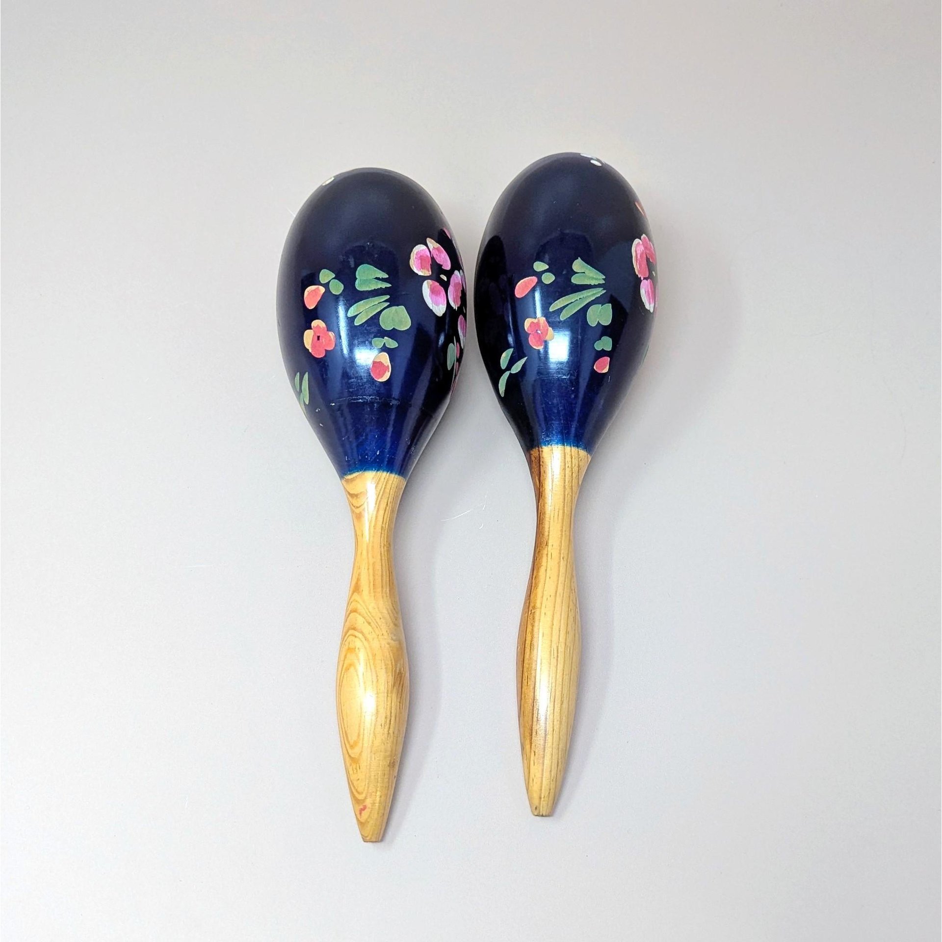 1980s Hand Painted Floral Wooden Maracas Pair