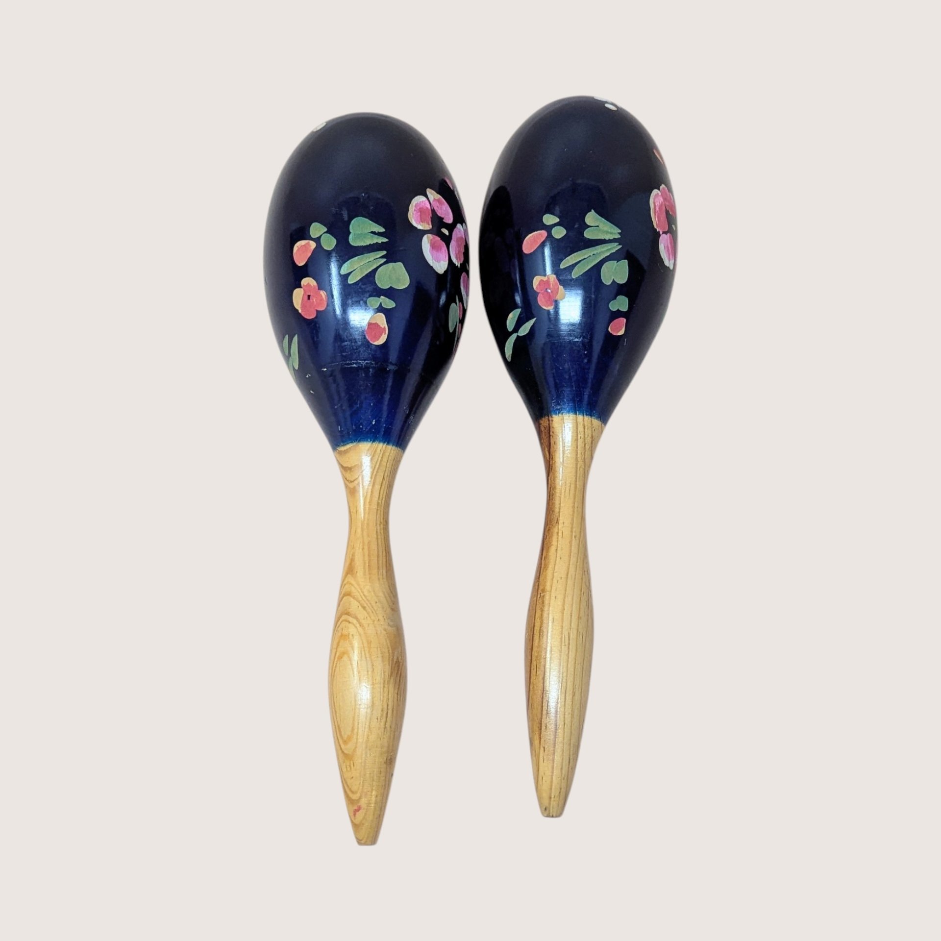 Vintage Handpainted Wood Floral Maracas Mexican Folk Art Style