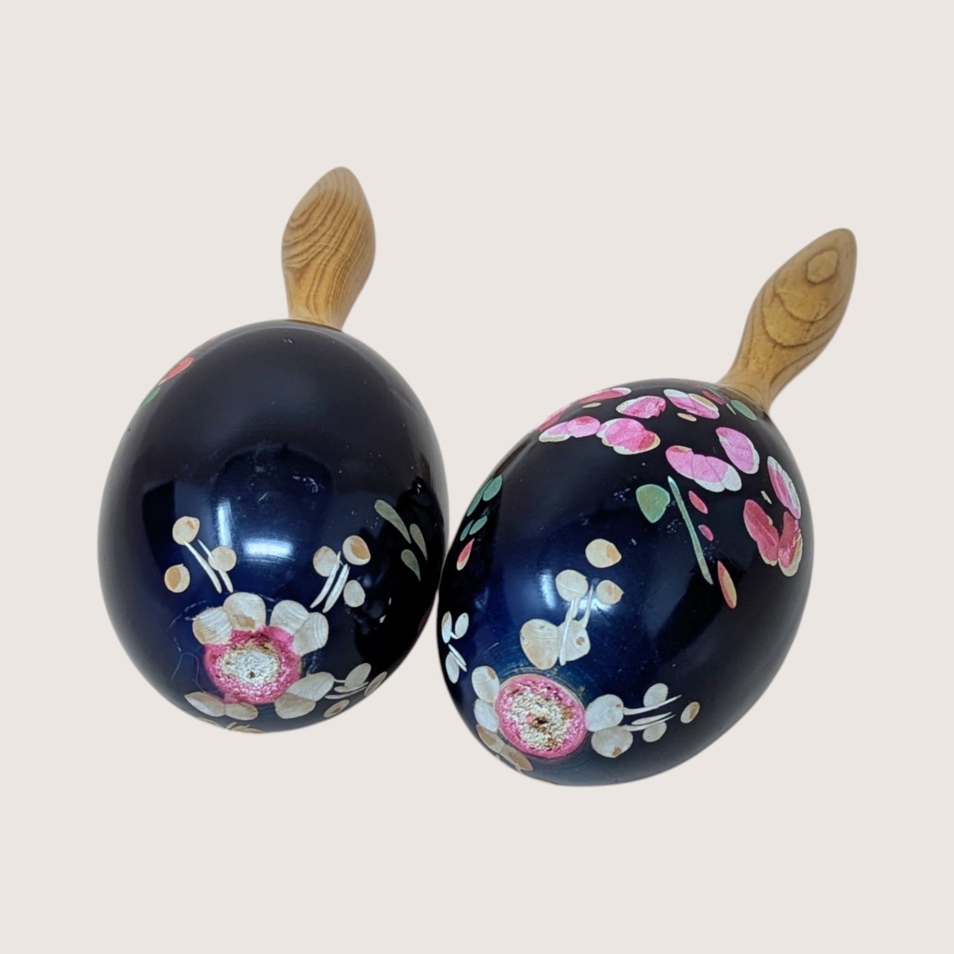 Vintage Handpainted Wood Floral Maracas Mexican Folk Art Style