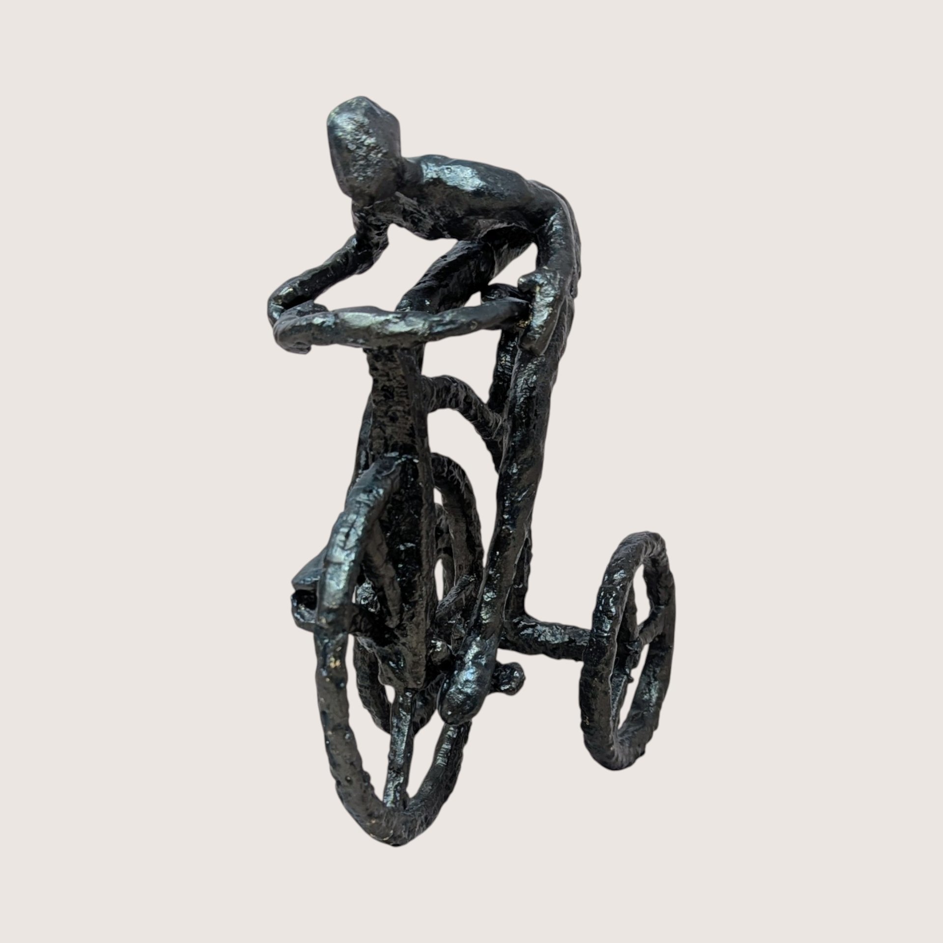 1970s Brutalist Cast Iron Man on Tricycle Sculpture