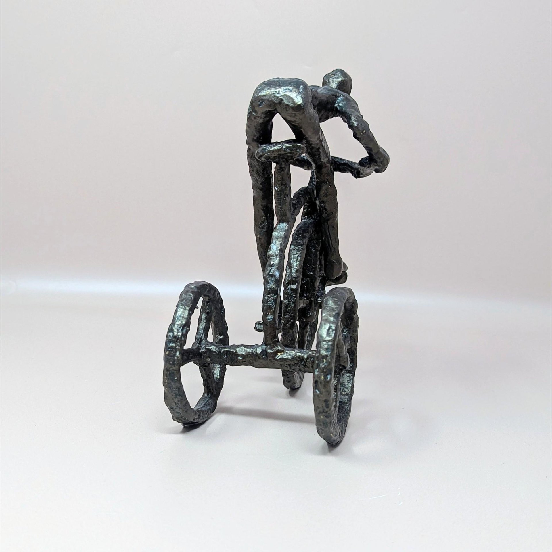 1970s Brutalist Cast Iron Man on Tricycle Sculpture