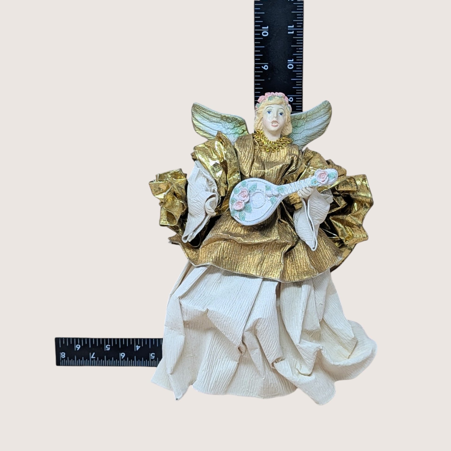 1990s Fabric Mache Gold Lute Angel Christmas Figurine