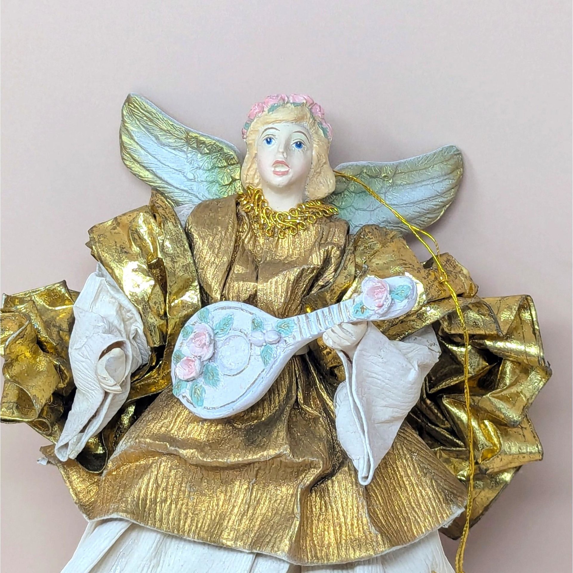 1990s Paper Mache and Metallic Gold Fabric Angel Ornament