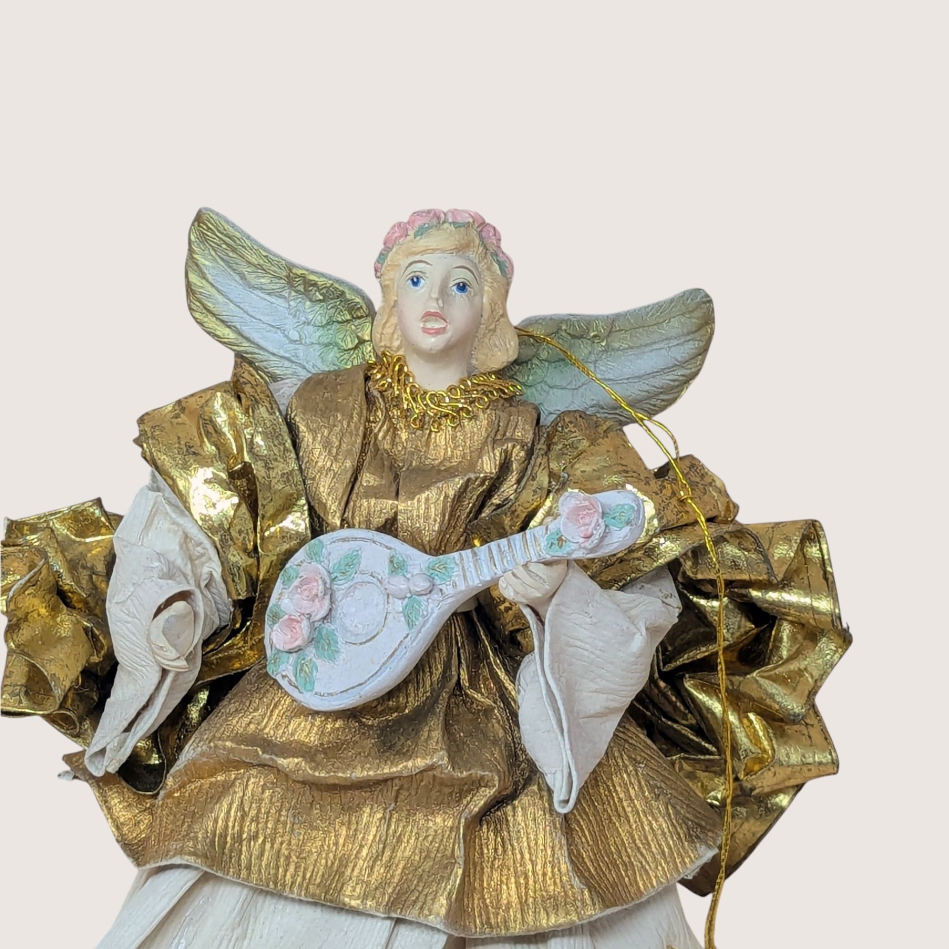 1990s Fabric Mache Gold Lute Angel Christmas Figurine