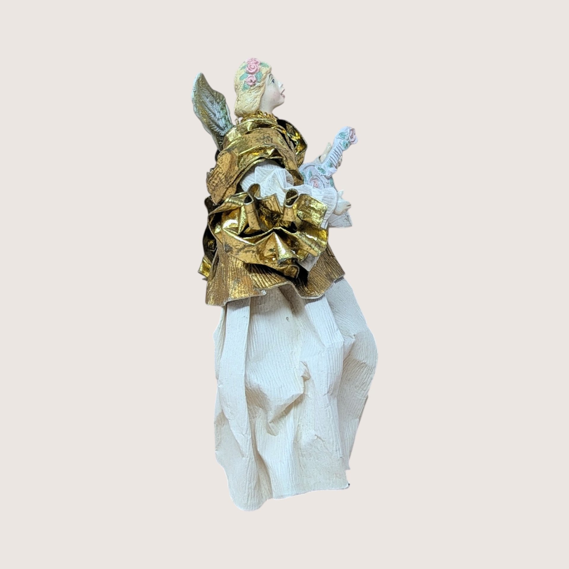1990s Fabric Mache Gold Lute Angel Christmas Figurine