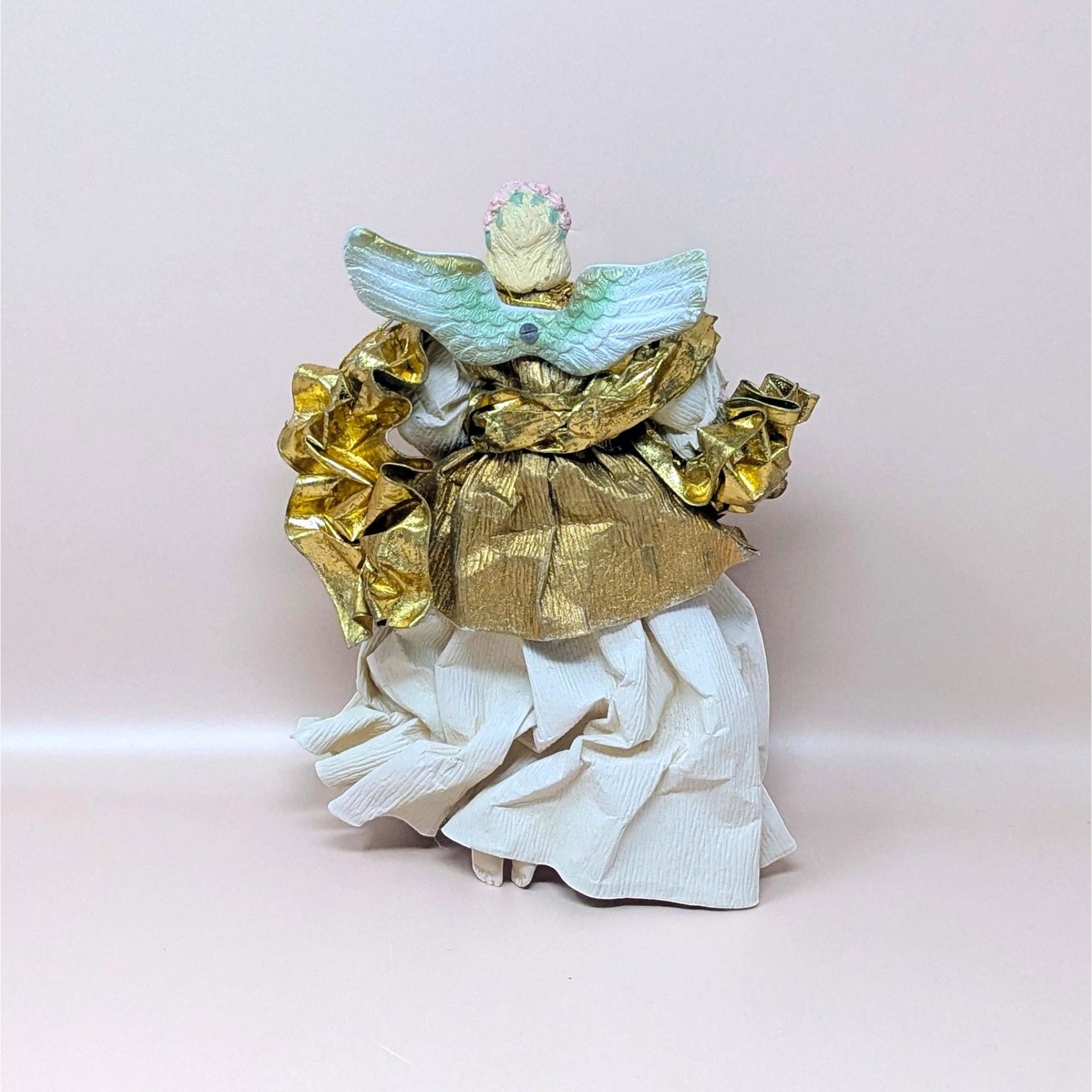 1990s Paper Mache and Metallic Gold Fabric Angel Ornament
