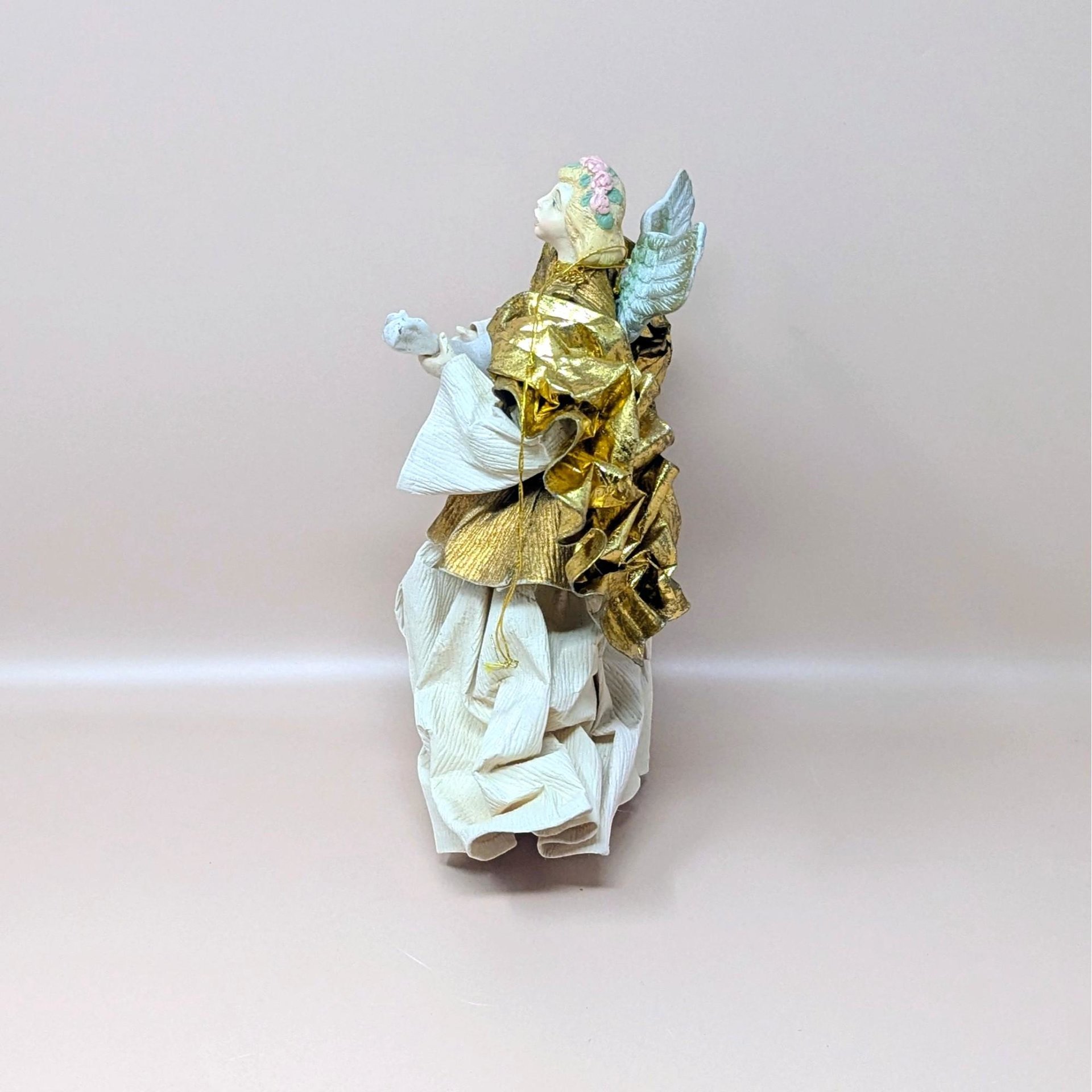 1990s Paper Mache and Metallic Gold Fabric Angel Ornament