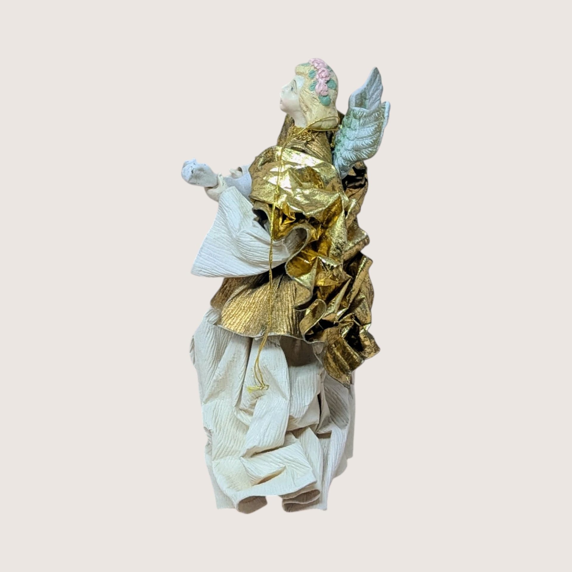 1990s Fabric Mache Gold Lute Angel Christmas Figurine