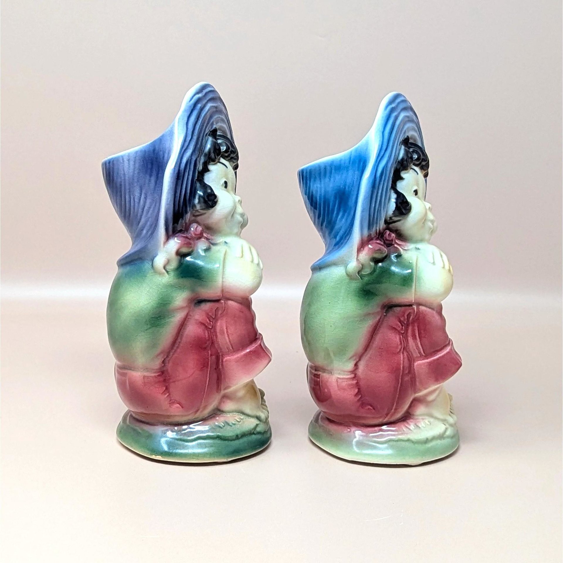 1950s Royal Copley Blue Bonnet Girl Planter Pair