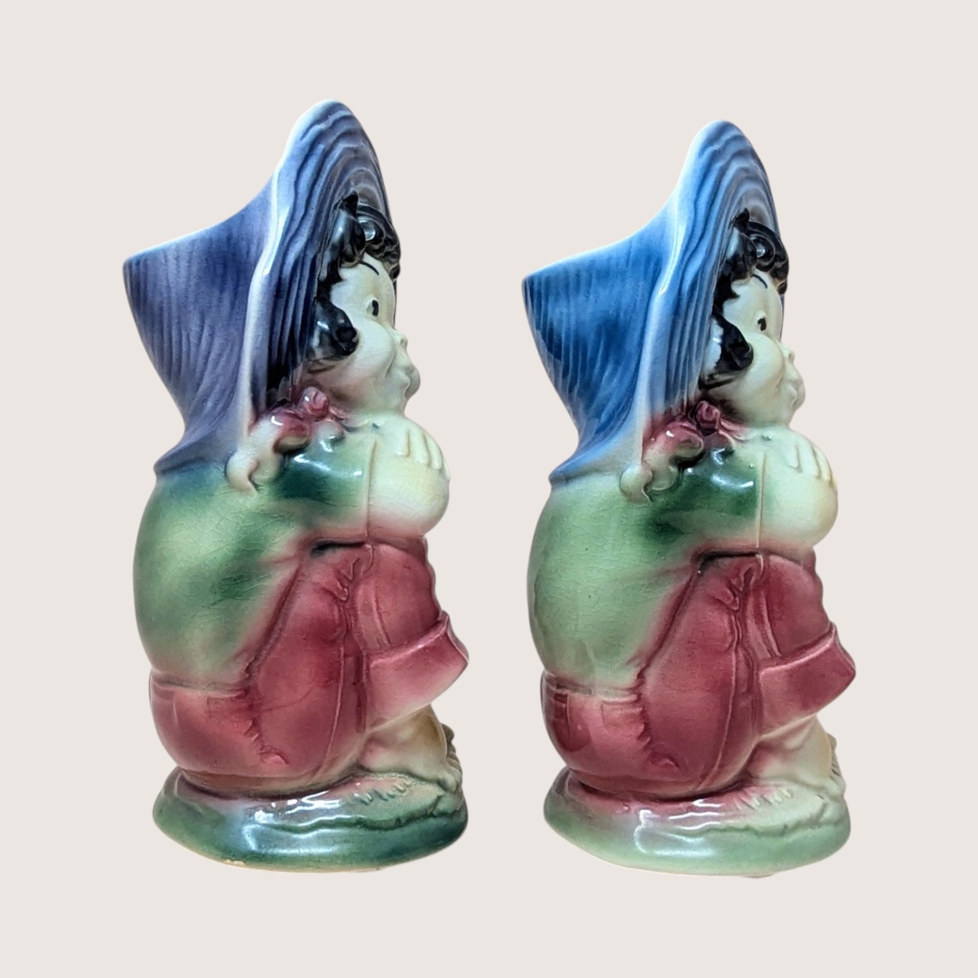 1950s Royal Copley Ceramic Blue Bonnet Girl Planter Pair
