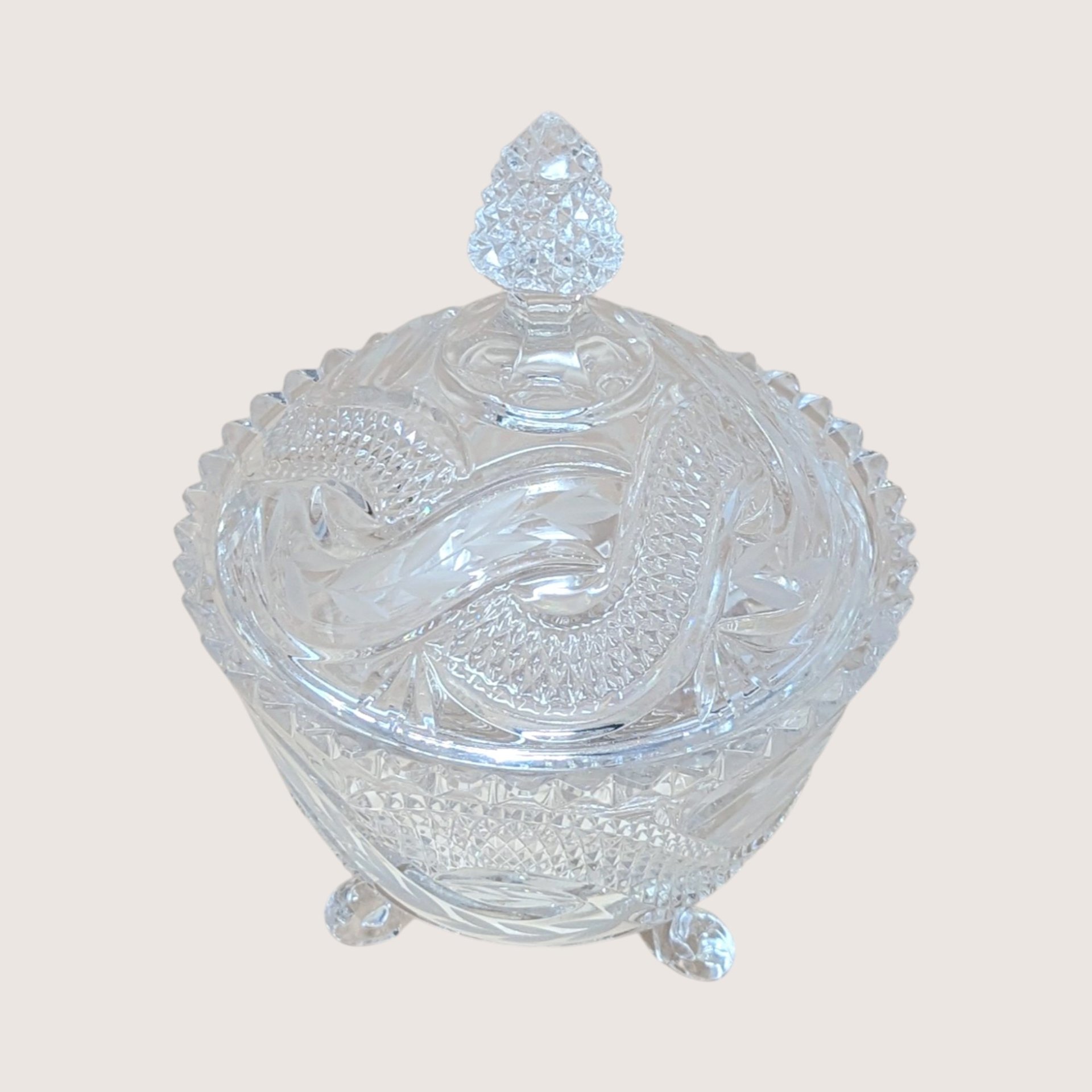 1960s Vintage Crystal Covered Candy Dish with Serpentine Pattern
