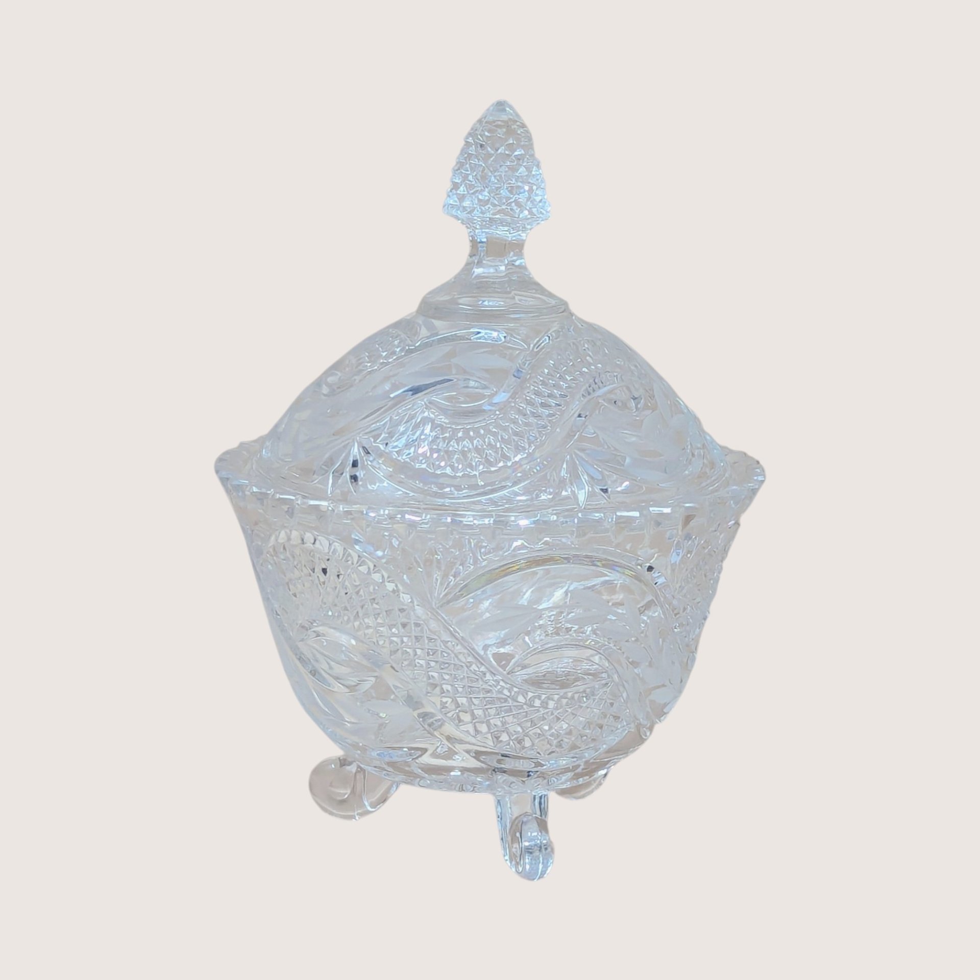 1960s Vintage Crystal Covered Candy Dish with Serpentine Pattern