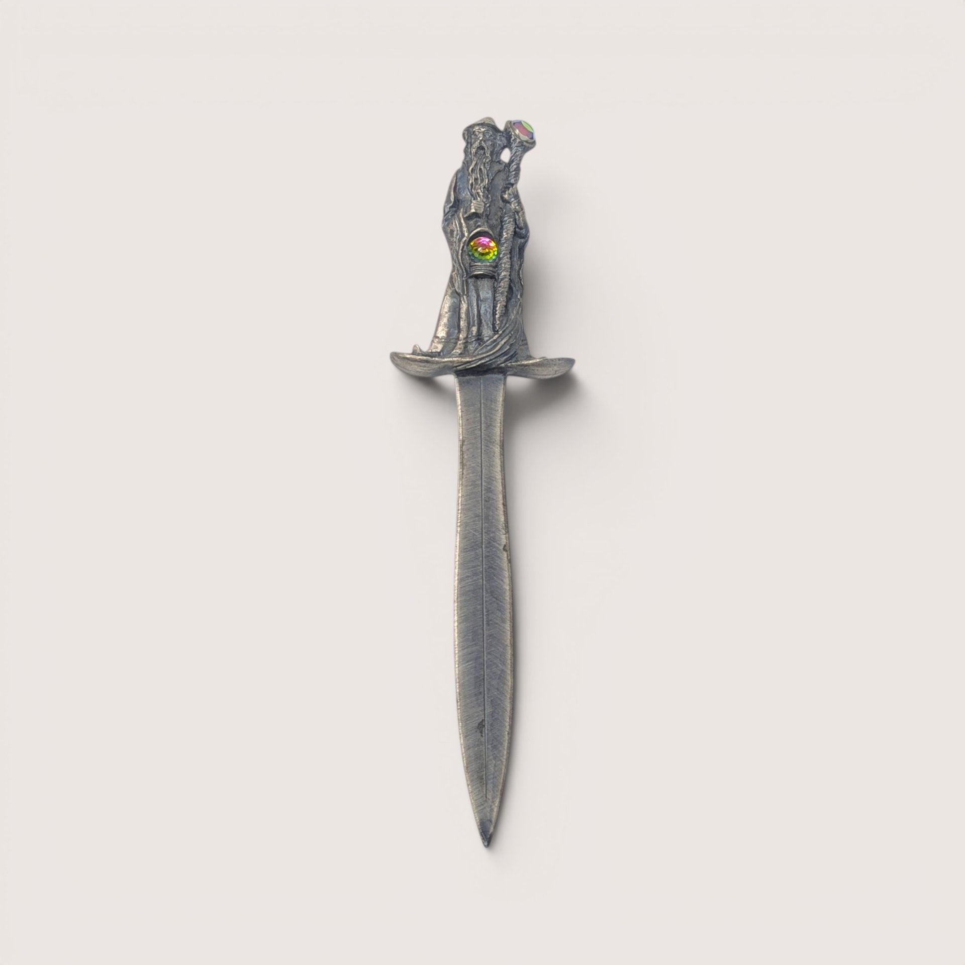 Vintage Tudor Mint pewter letter opener handle shaped like a wizard with colorful iridescent crystals