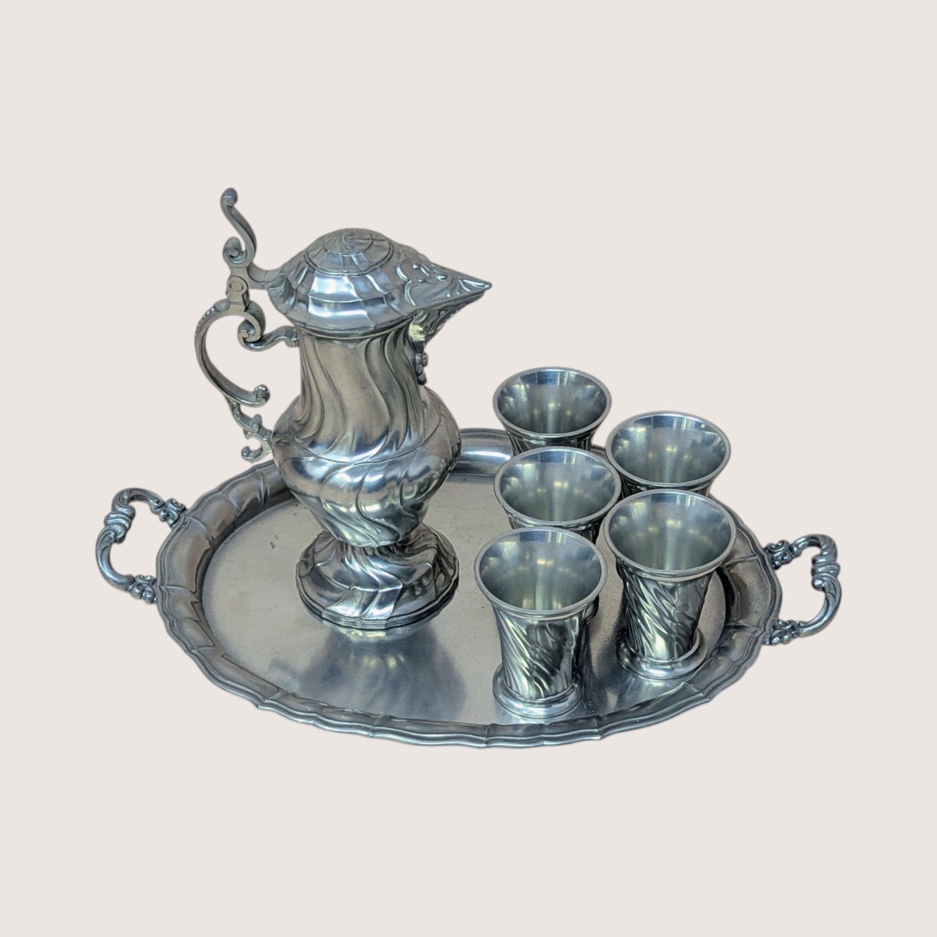1970s Salzburger Zinnstube Austrian Pewter Pitcher and Cups Serving Set