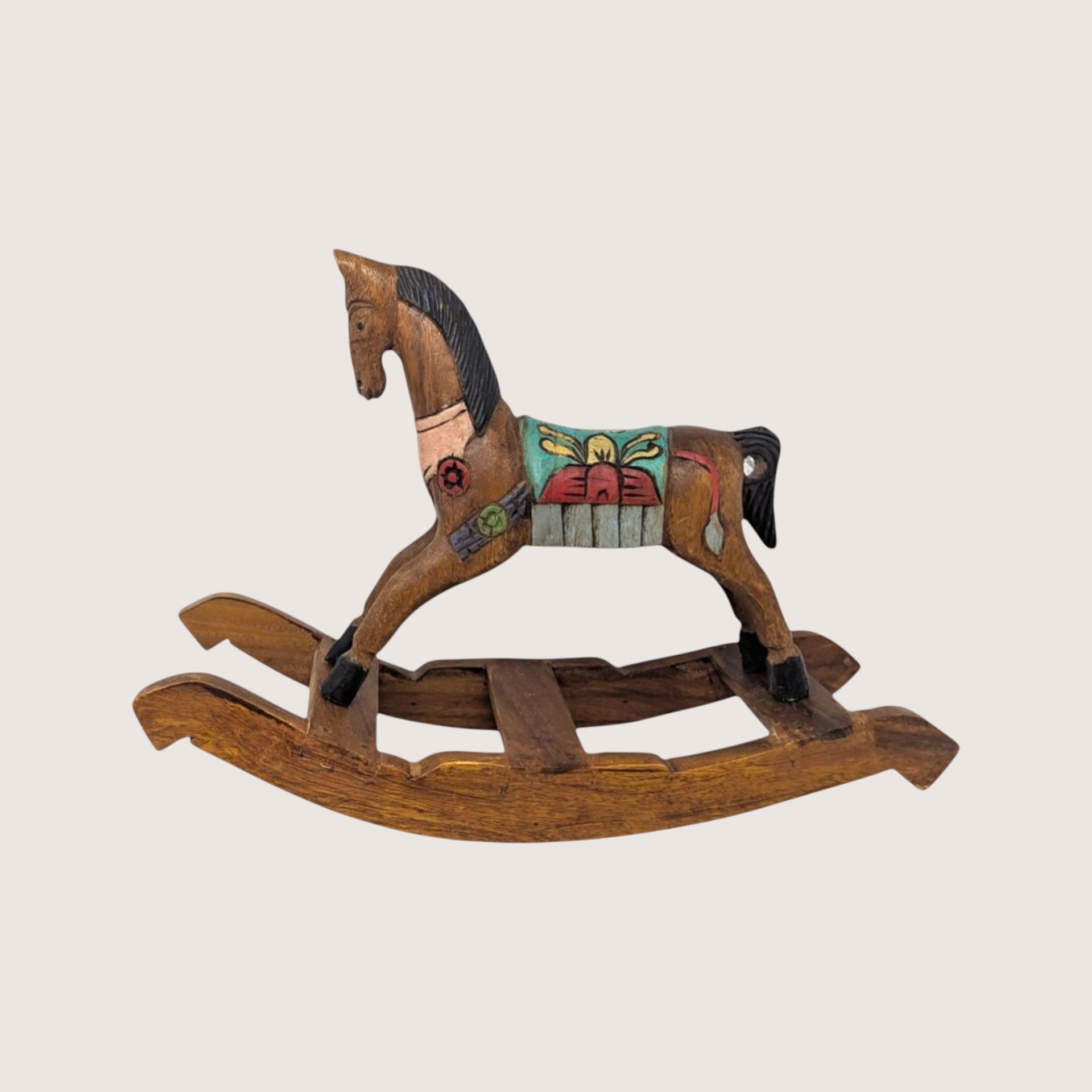 1980s Vintage Handmade Hand Carved Wooden Rocking Horse Figurine