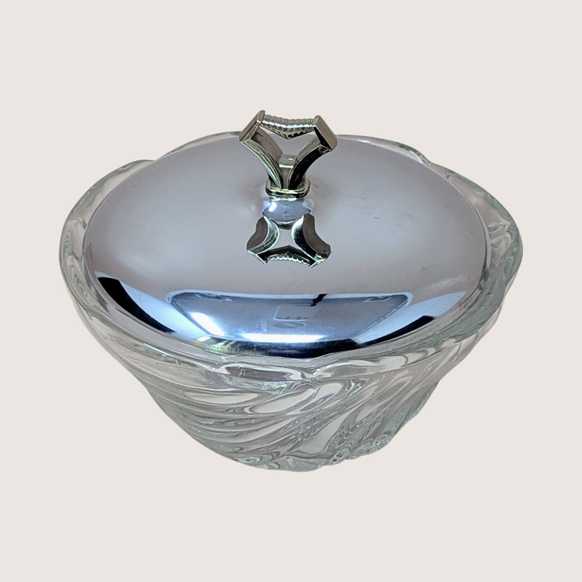 1950s Kromex Swirl Clear Glass Candy Dish with Chrome Lid