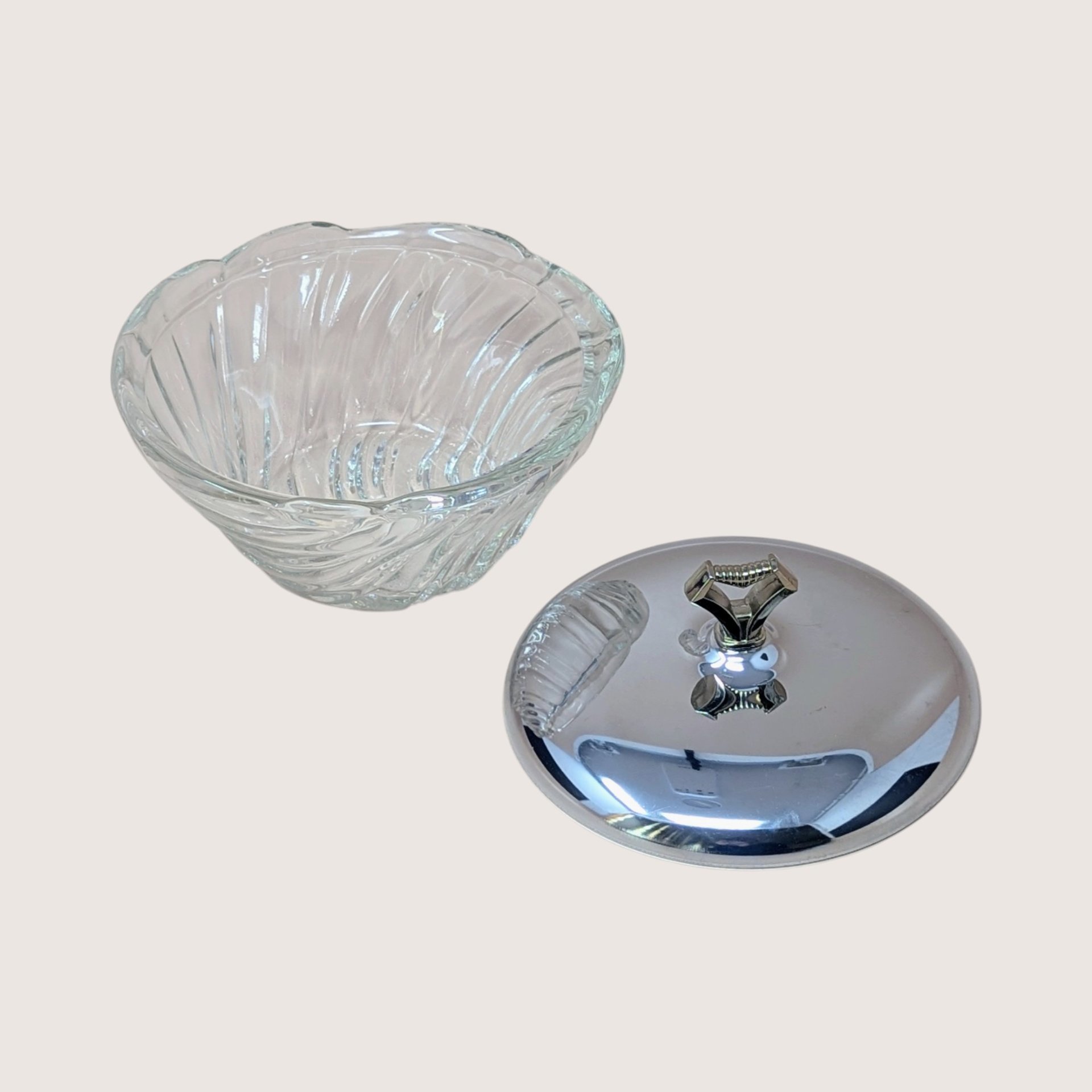 1950s Kromex Swirl Clear Glass Candy Dish with Chrome Lid