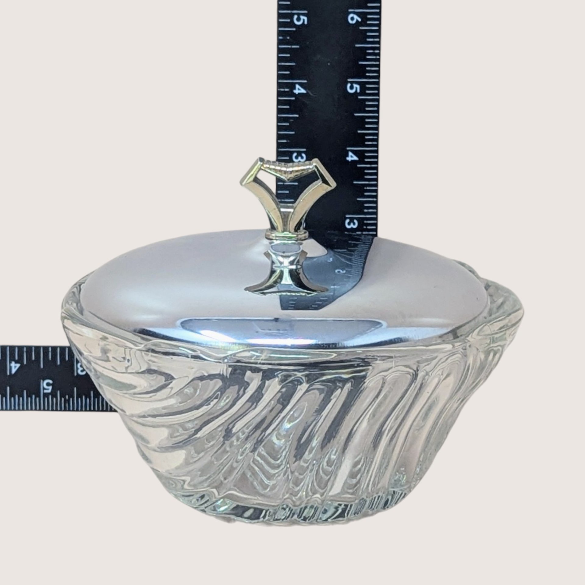 1950s Kromex Swirl Clear Glass Candy Dish with Chrome Lid