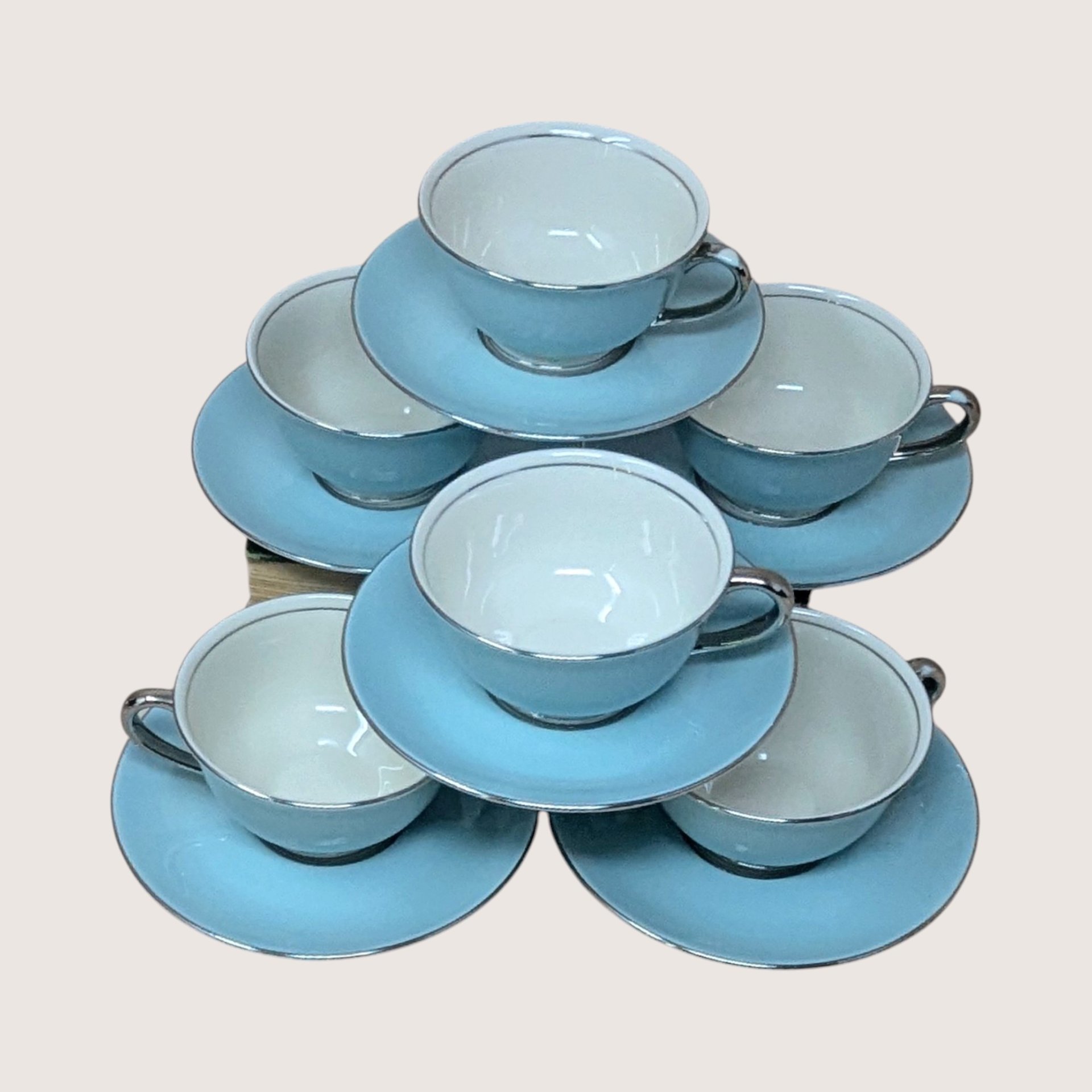 1962 Nancy Prentiss Blue Twilight Fine China Tea Cup and Saucer Set of 6