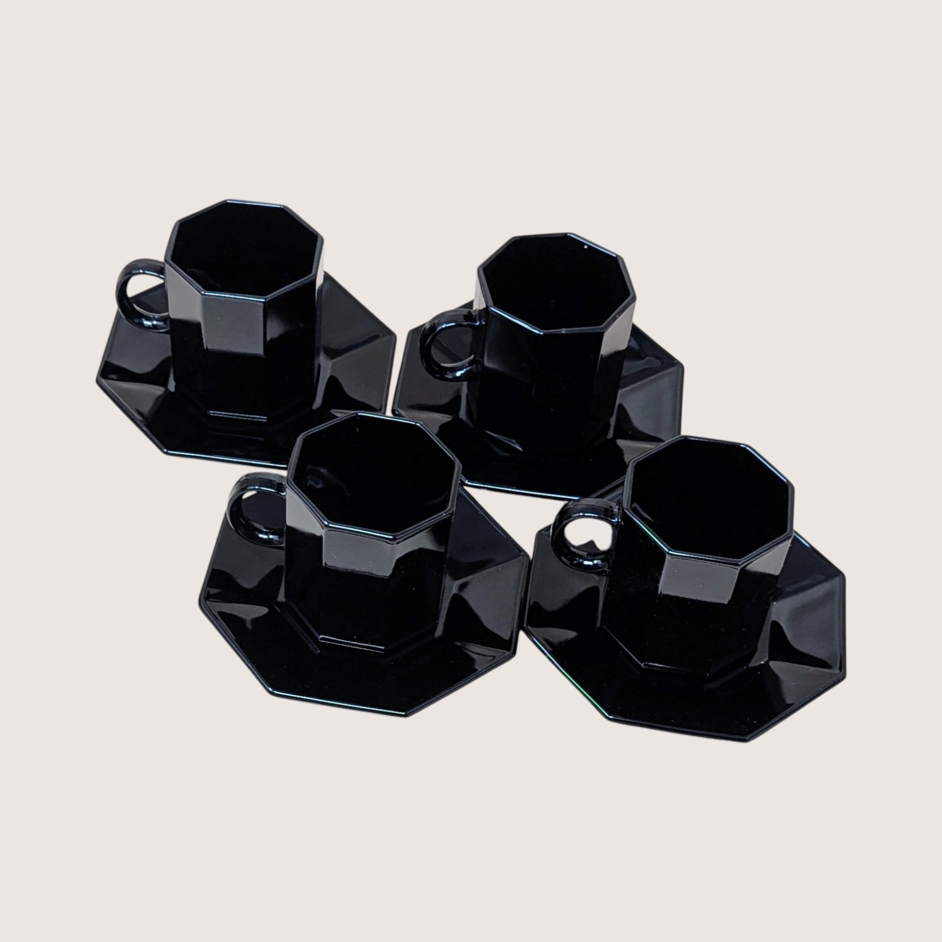 1980s Arcoroc France Octime Black Glass Demitasse Cup and Saucer Set of 4
