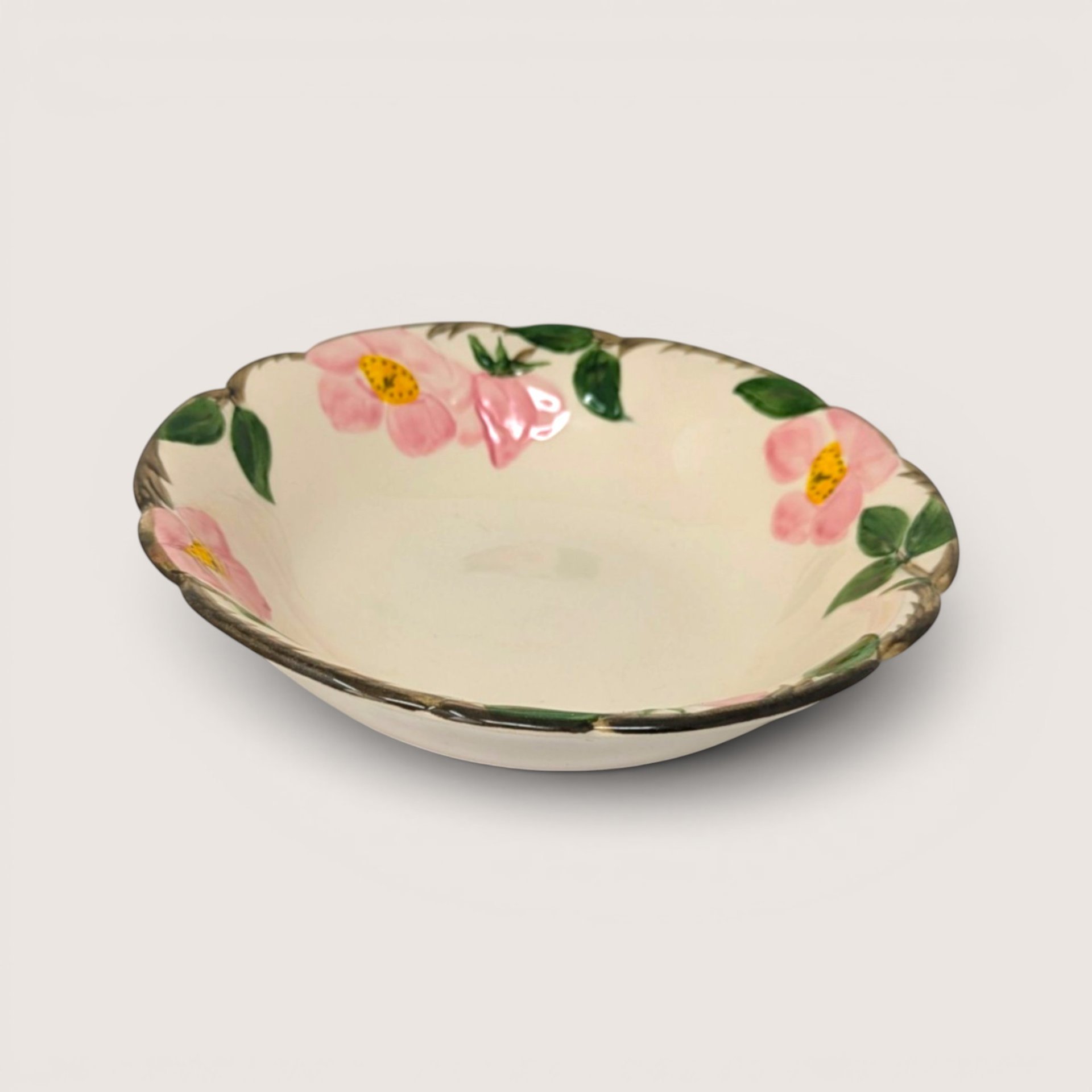 Vintage Franciscan Desert Rose ceramic vegetable serving bowl with hand-painted pink flowers and a scalloped rim.