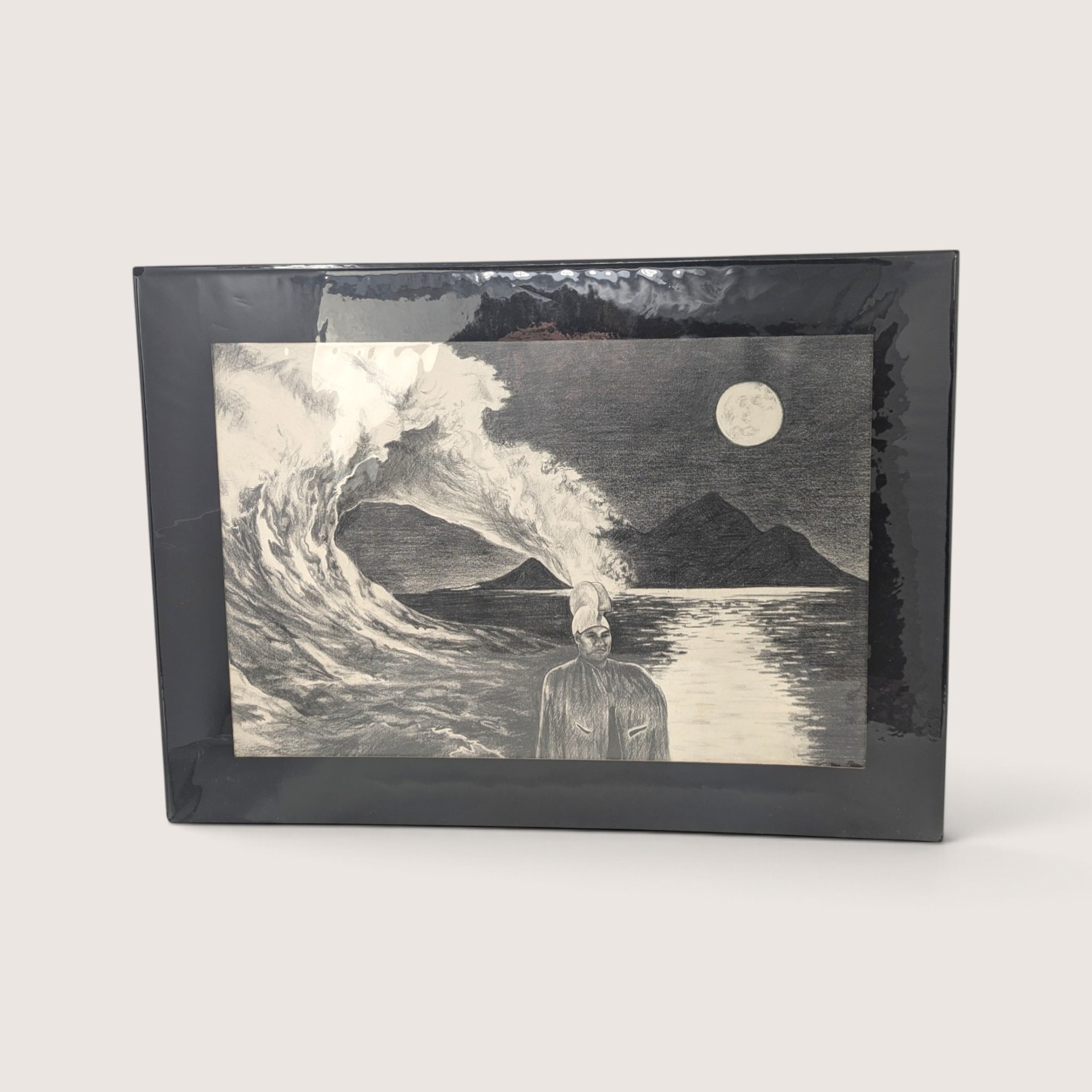 Matted graphite pencil drawing of a surreal moonlit seascape with a crashing wave.
