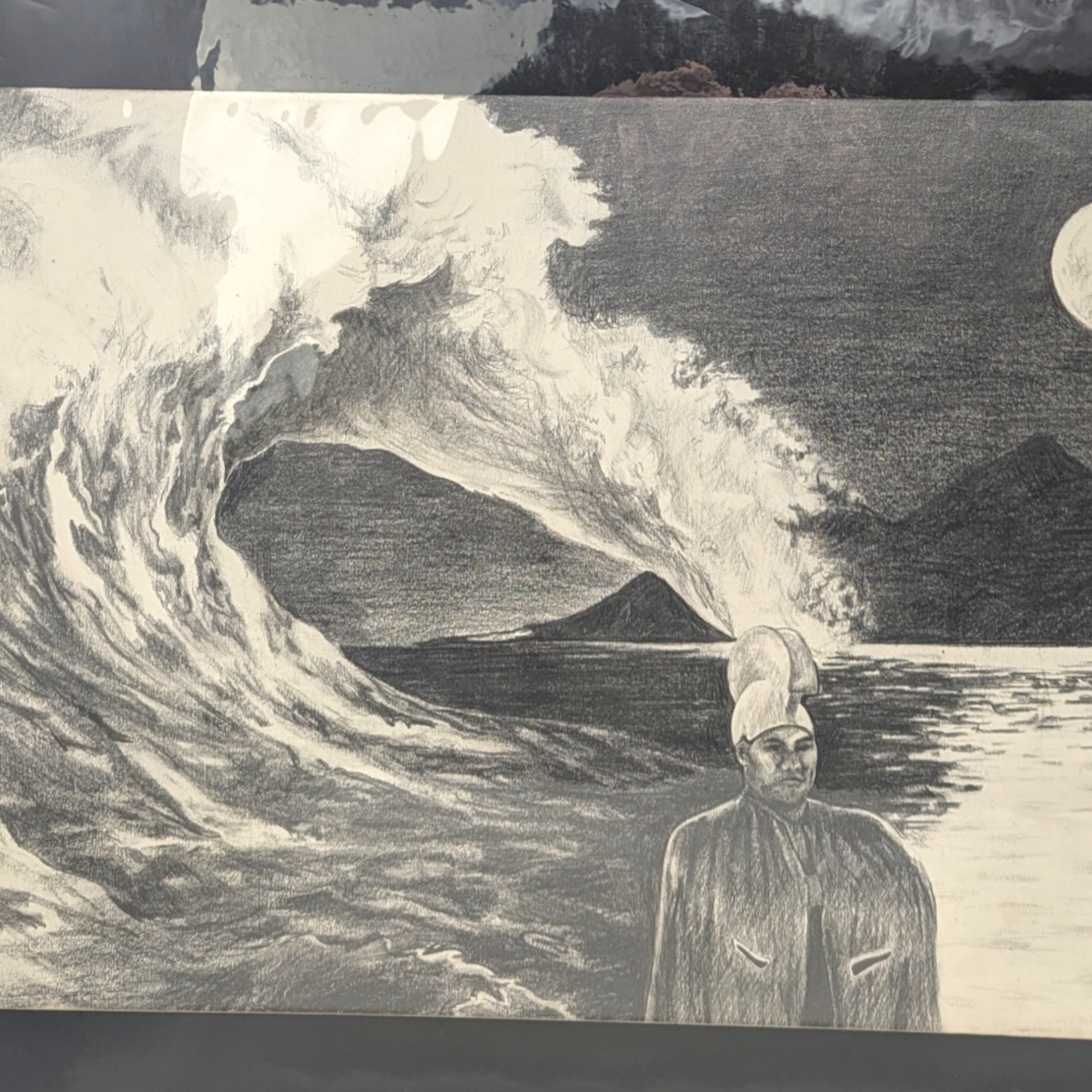 Original Surrealist Seascape Moonlit Pencil Drawing