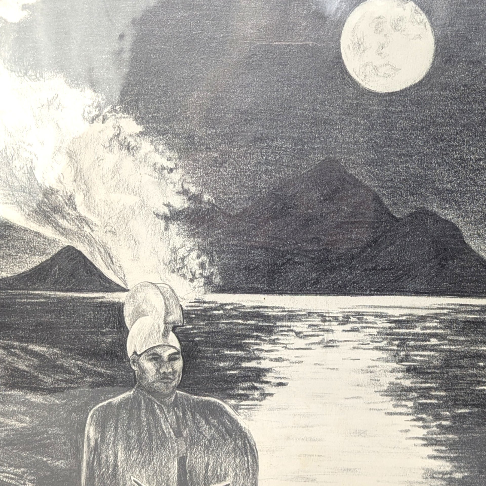 Original Surrealist Seascape Moonlit Pencil Drawing