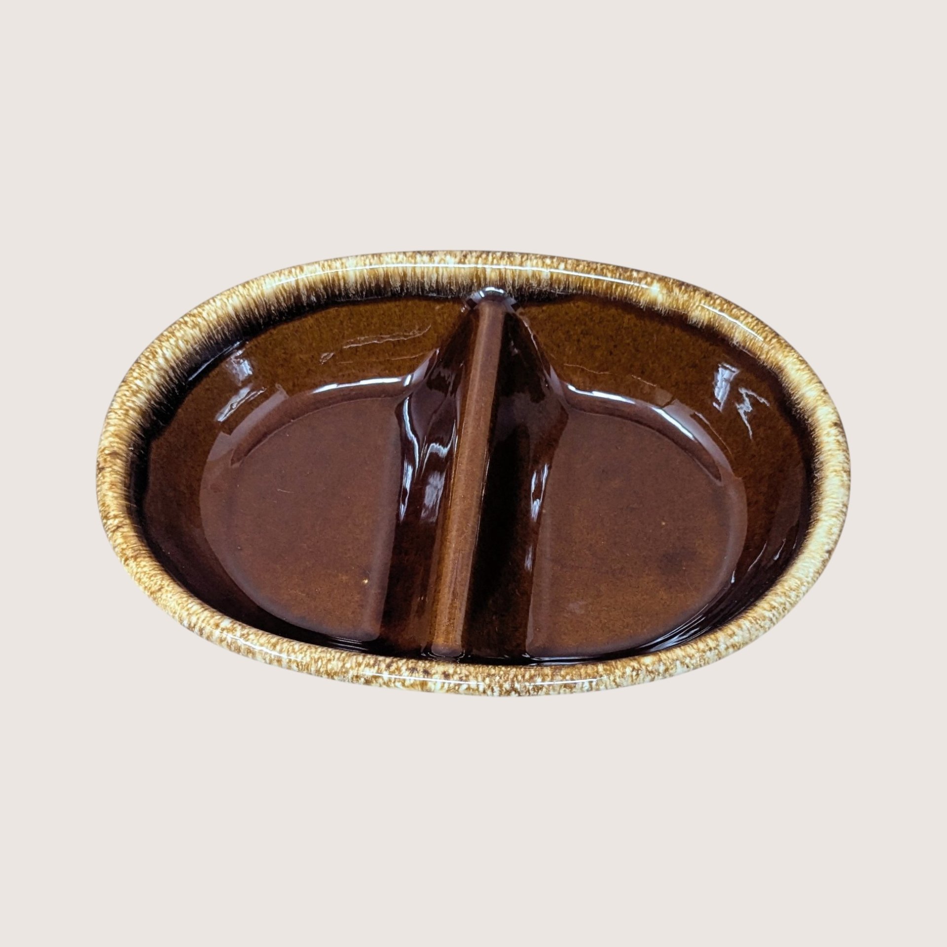 1970s Hull Pottery Brown Drip Divided Casserole Dish