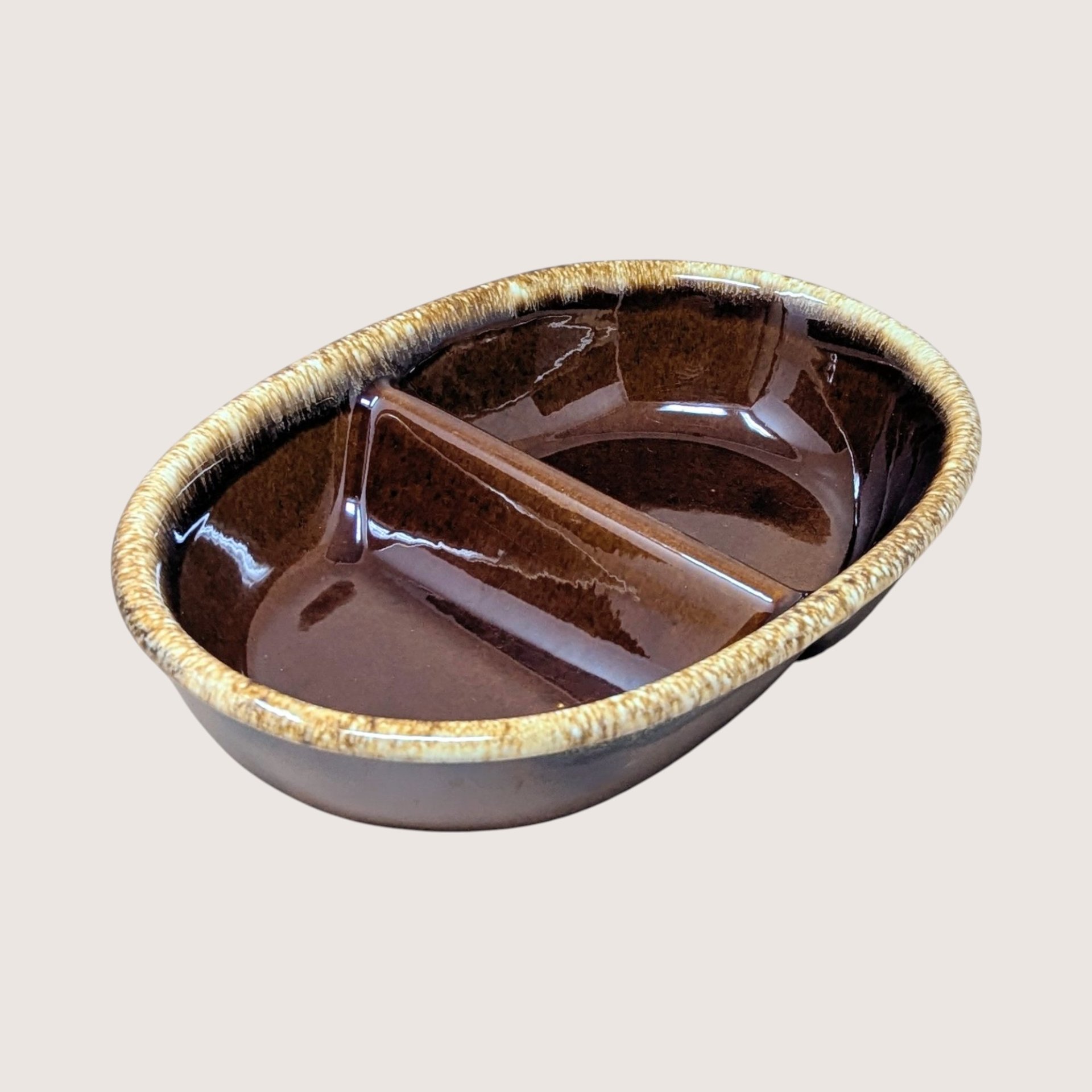 1970s Hull Pottery Brown Drip Divided Casserole Dish