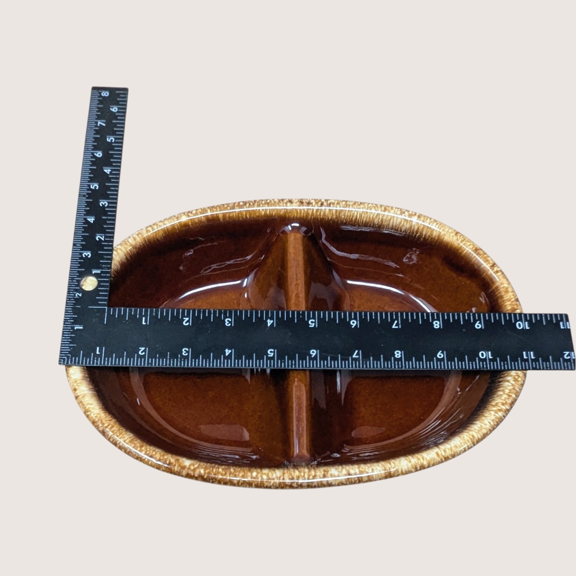 1970s Hull Pottery Brown Drip Divided Casserole Dish