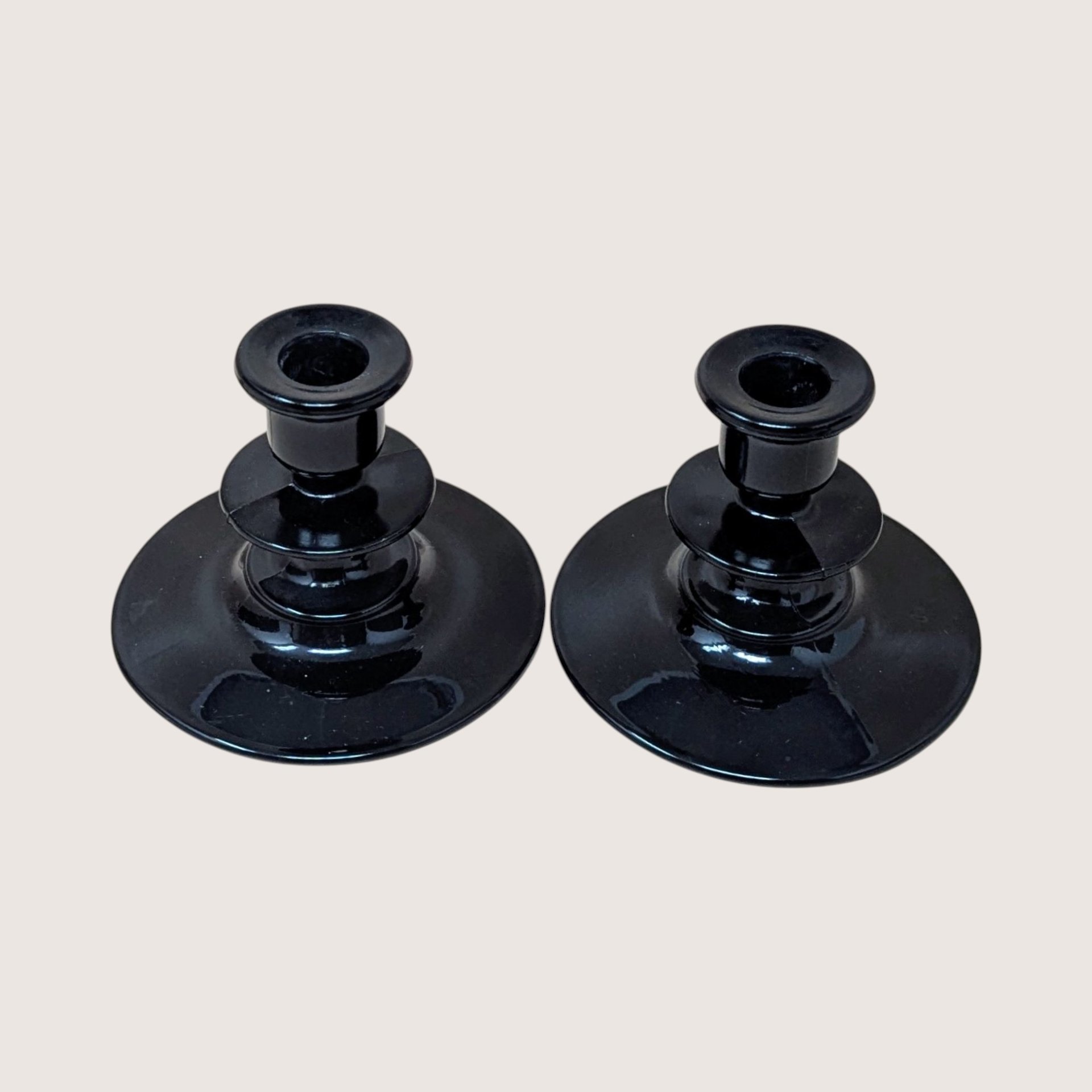1940s LE Smith Black Amethyst Glass Candle Holders Pair