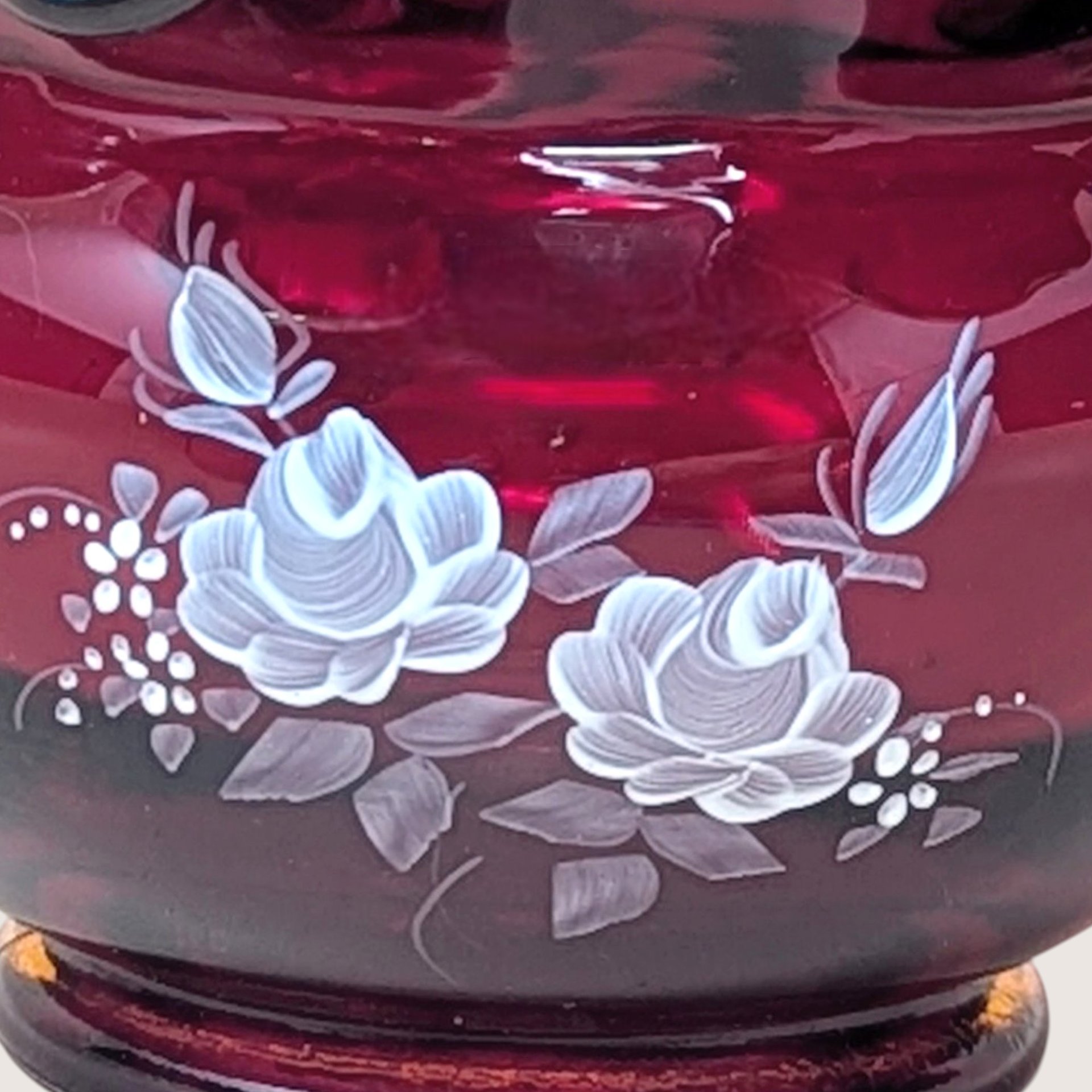 1970s Fenton Ruby Red Hand Painted Ruffled Rose Bowl Vase
