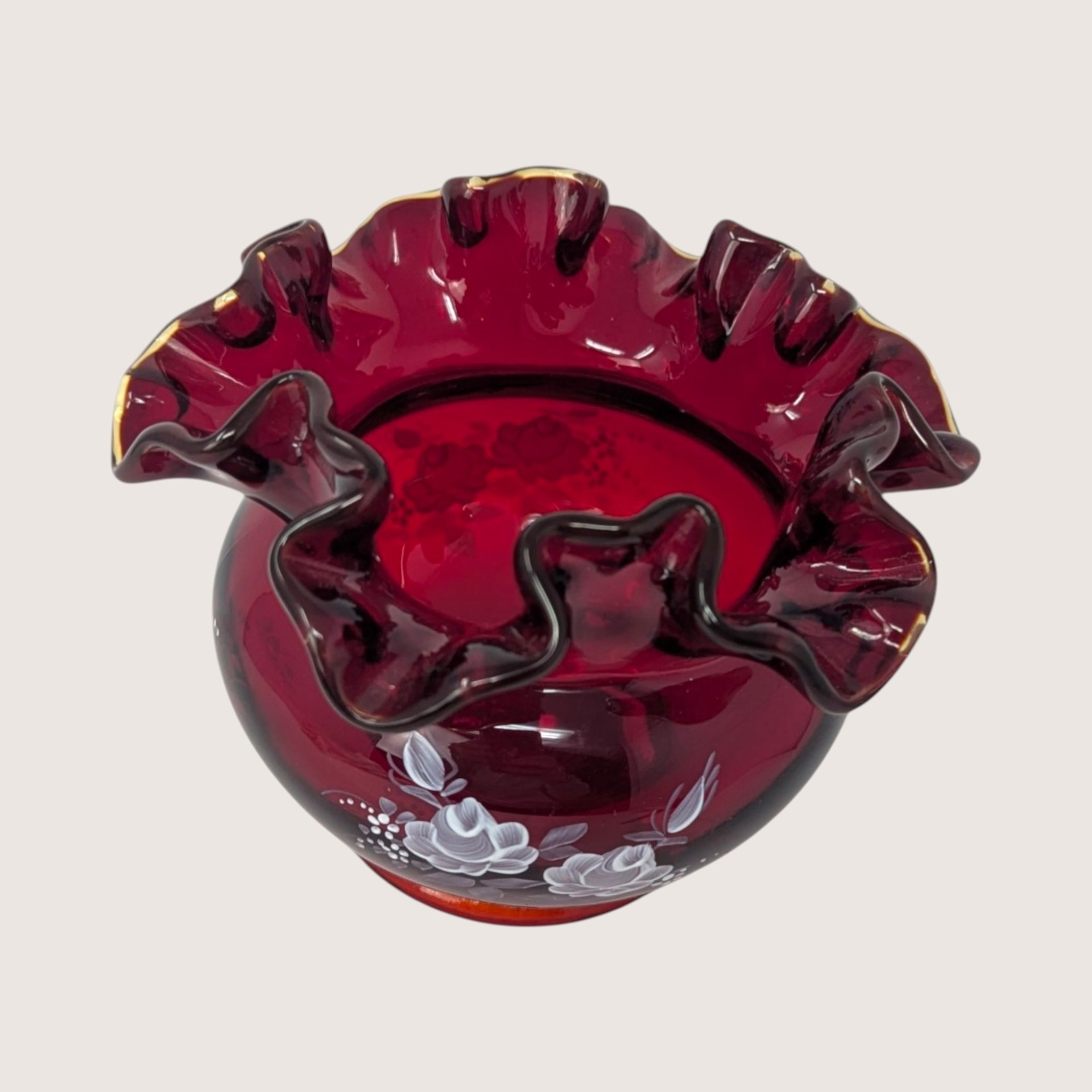 1970s Fenton Ruby Red Hand Painted Ruffled Rose Bowl Vase