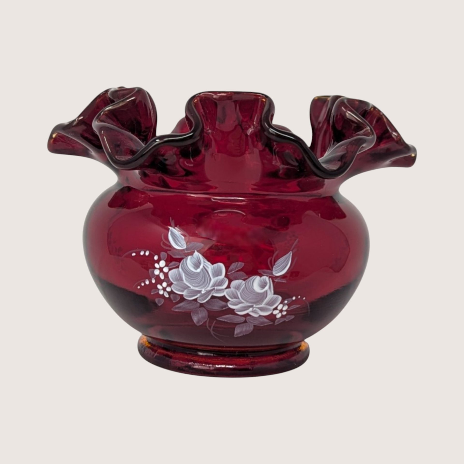 1970s Fenton Ruby Red Hand Painted Ruffled Rose Bowl Vase