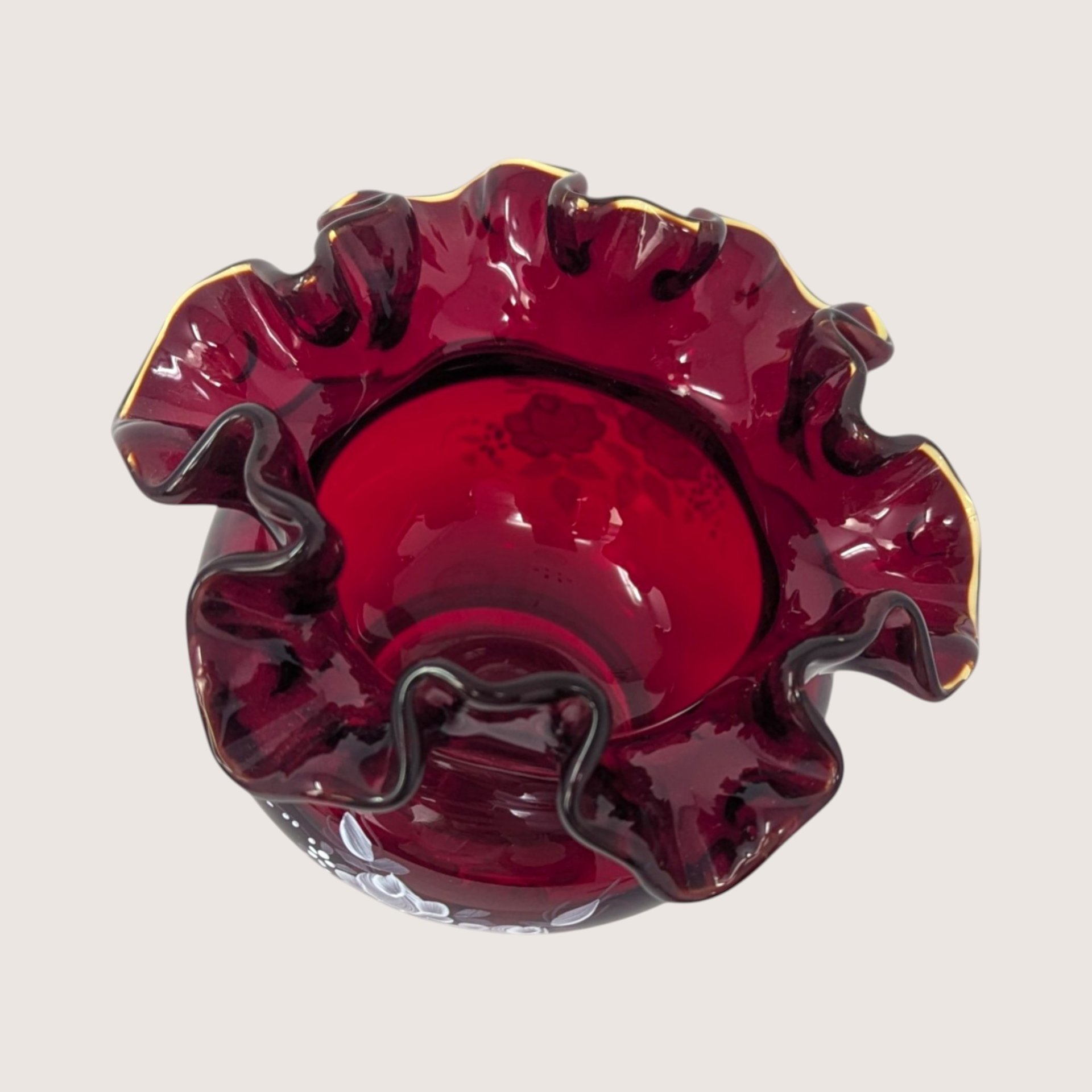 1970s Fenton Ruby Red Hand Painted Ruffled Rose Bowl Vase