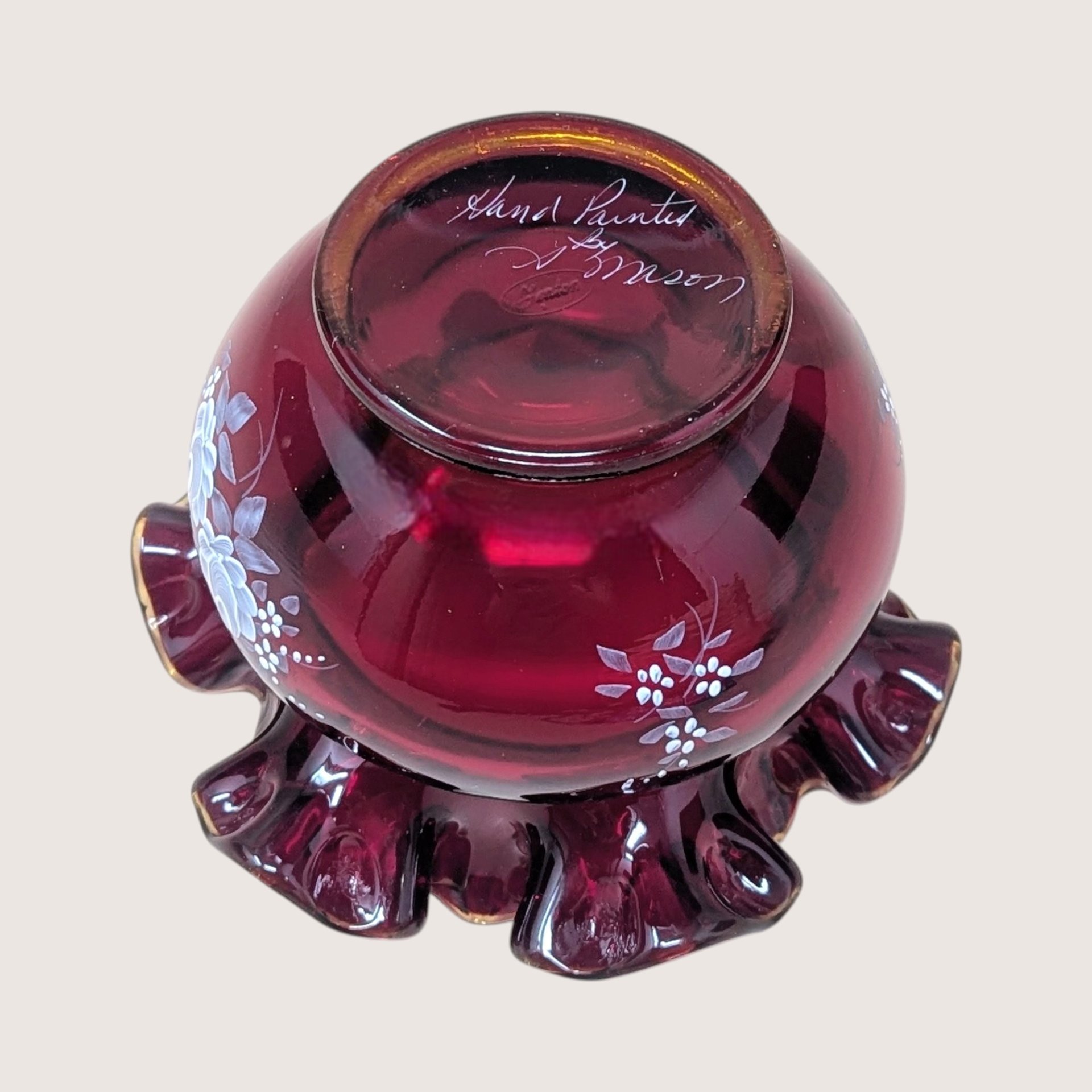 1970s Fenton Ruby Red Hand Painted Ruffled Rose Bowl Vase
