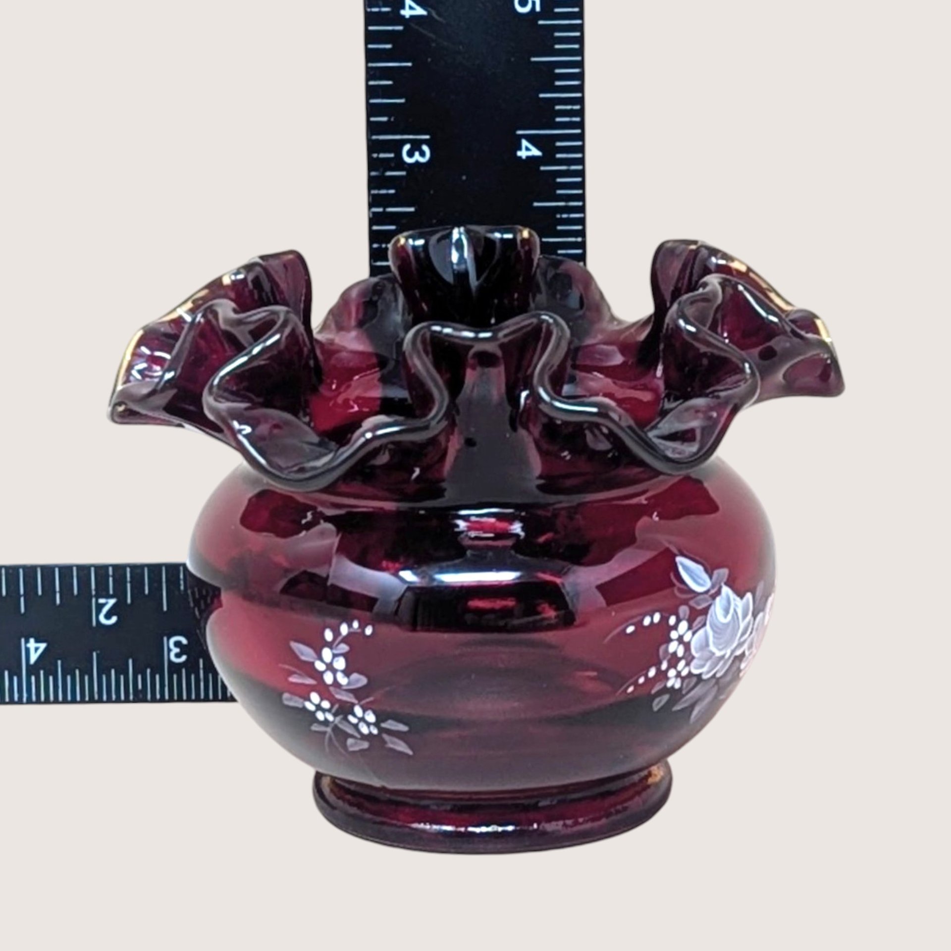 1970s Fenton Ruby Red Hand Painted Ruffled Rose Bowl Vase