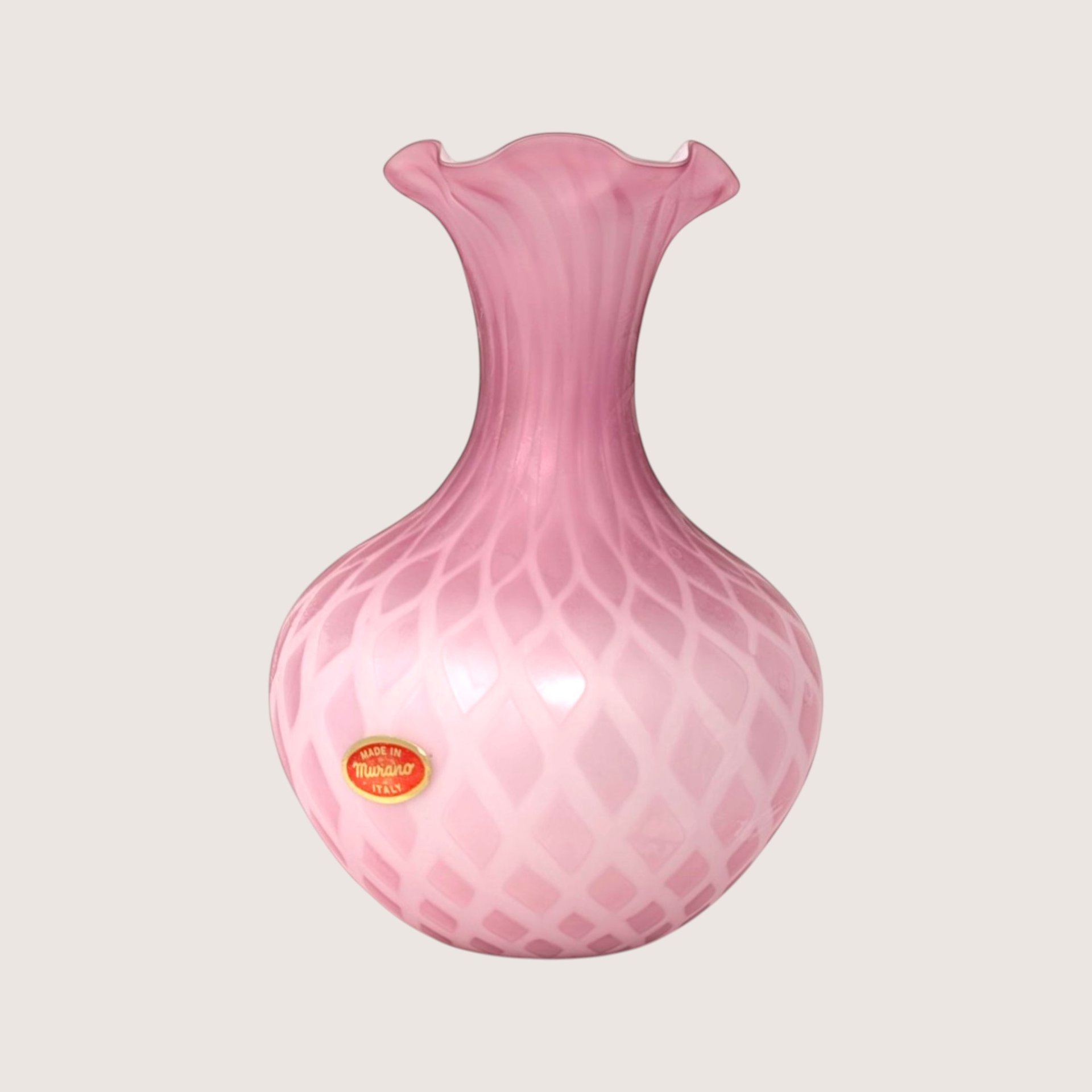 Vintage Murano pink diamond quilt art glass vase with white latticino pattern and original foil label.
