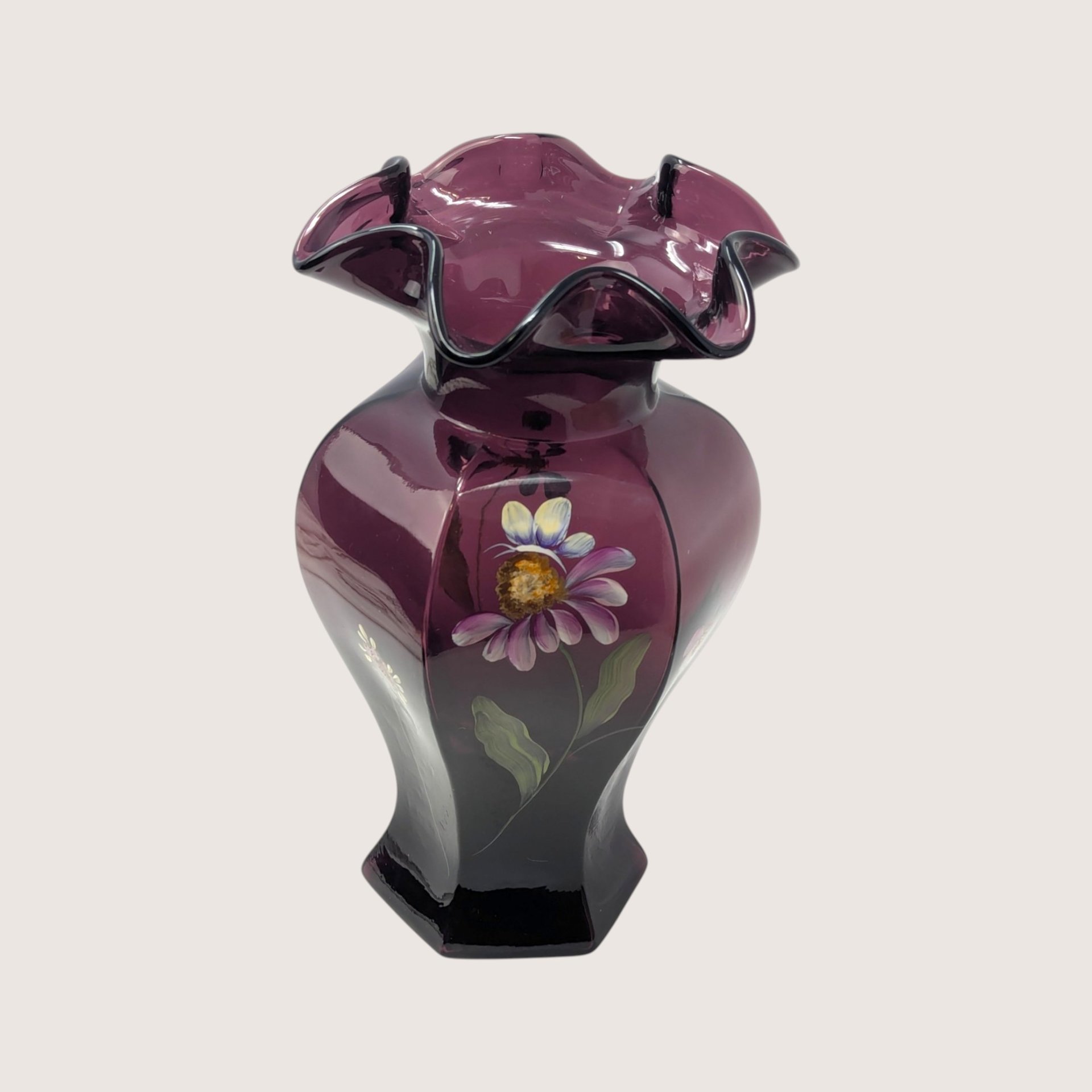 1990s Fenton Mulberry Glass Hand Painted Ruffled Vase